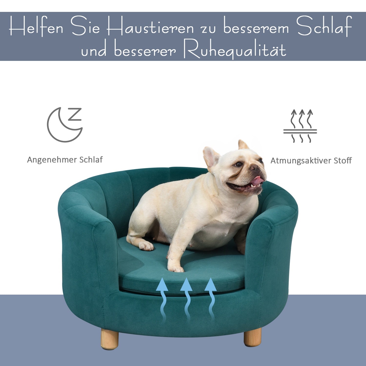 Elegant hundbäddsoffa med mjukt överdrag och träben