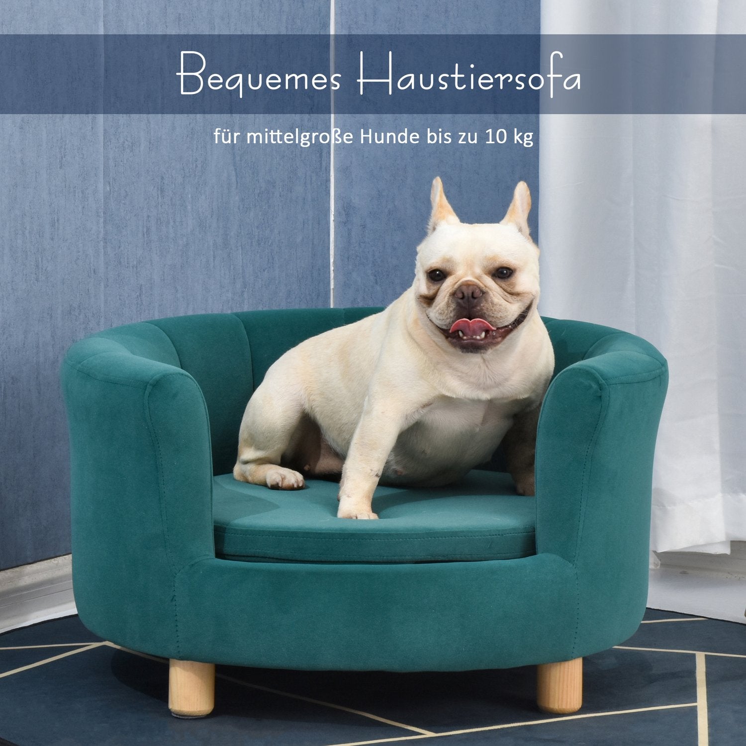 Elegant hundbäddsoffa med mjukt överdrag och träben