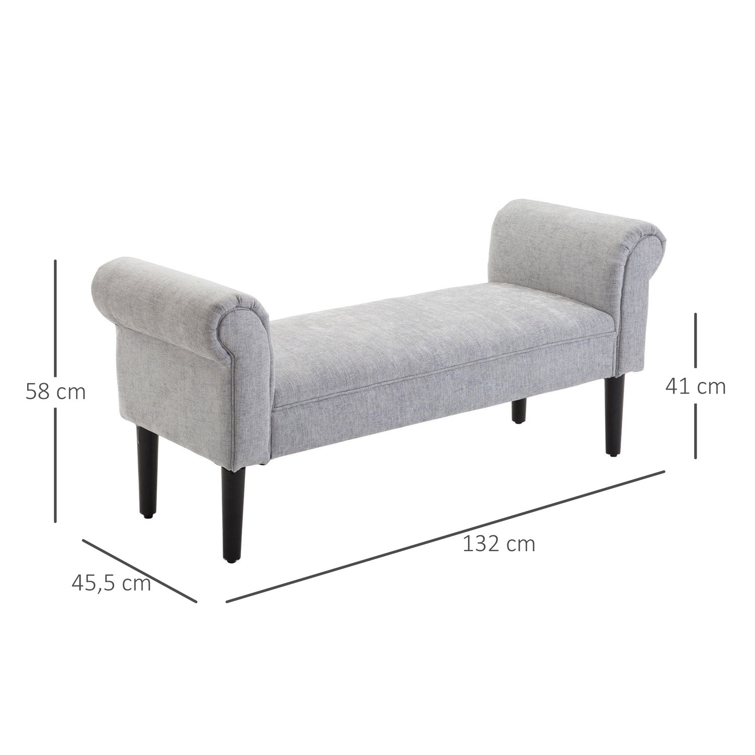 Elegant ljusgrå stoppad bänk med rullade sidor