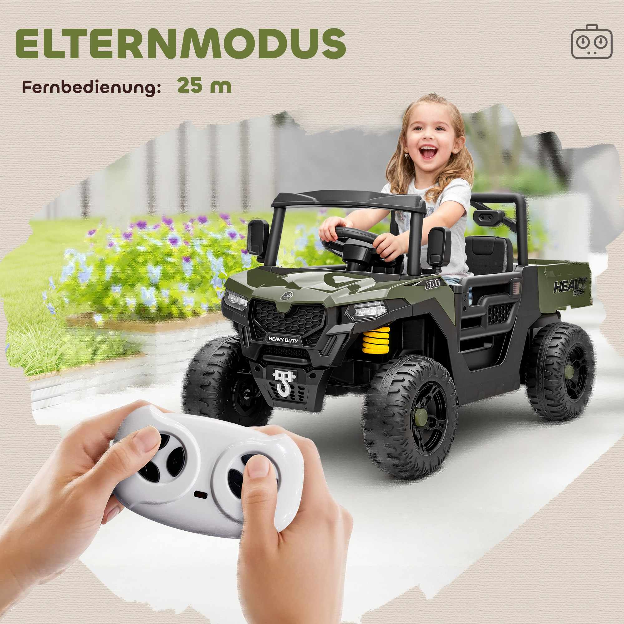 Elektrisk barn-UTV, 2 motorer, musikfunktion, grön