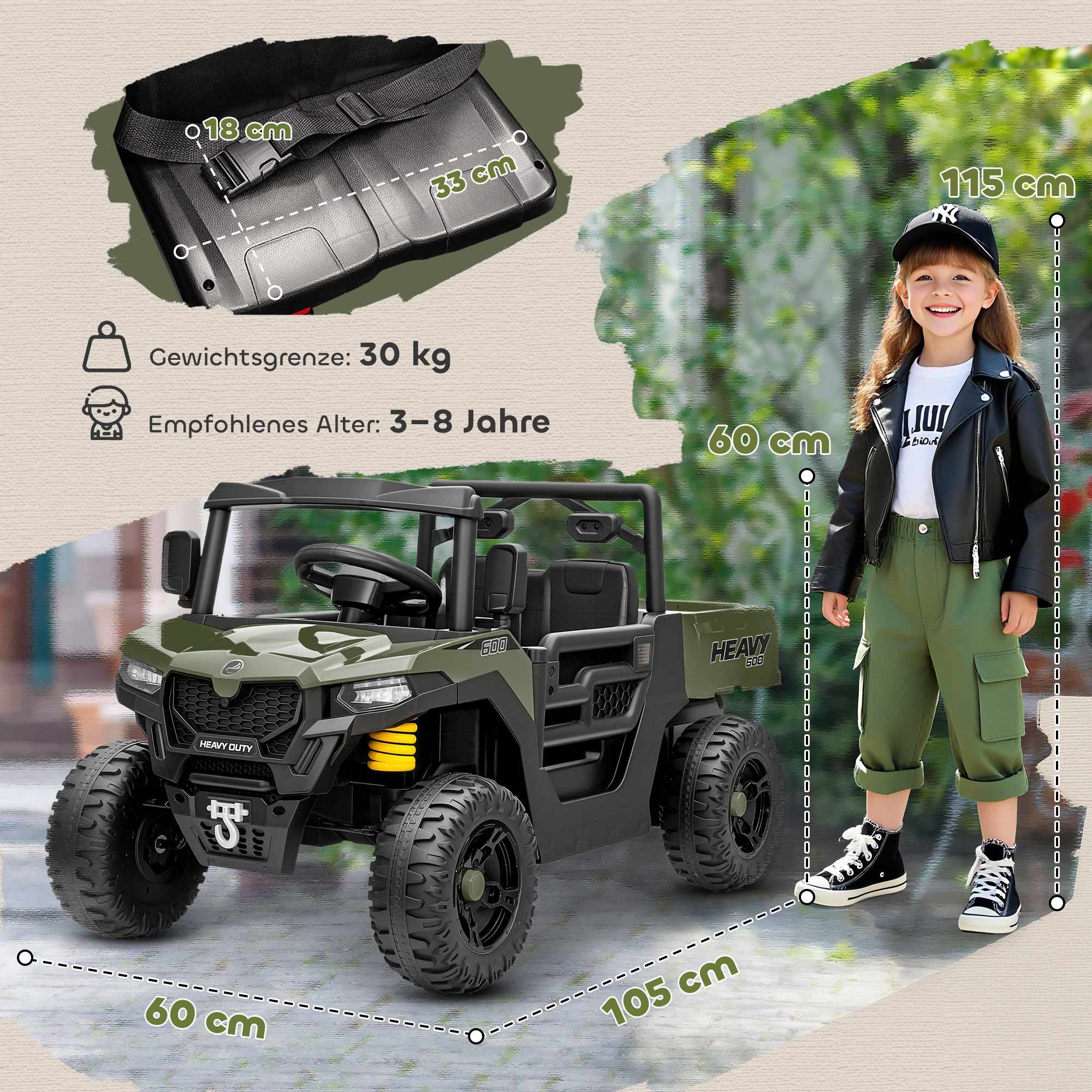 Elektrisk barn-UTV, 2 motorer, musikfunktion, grön