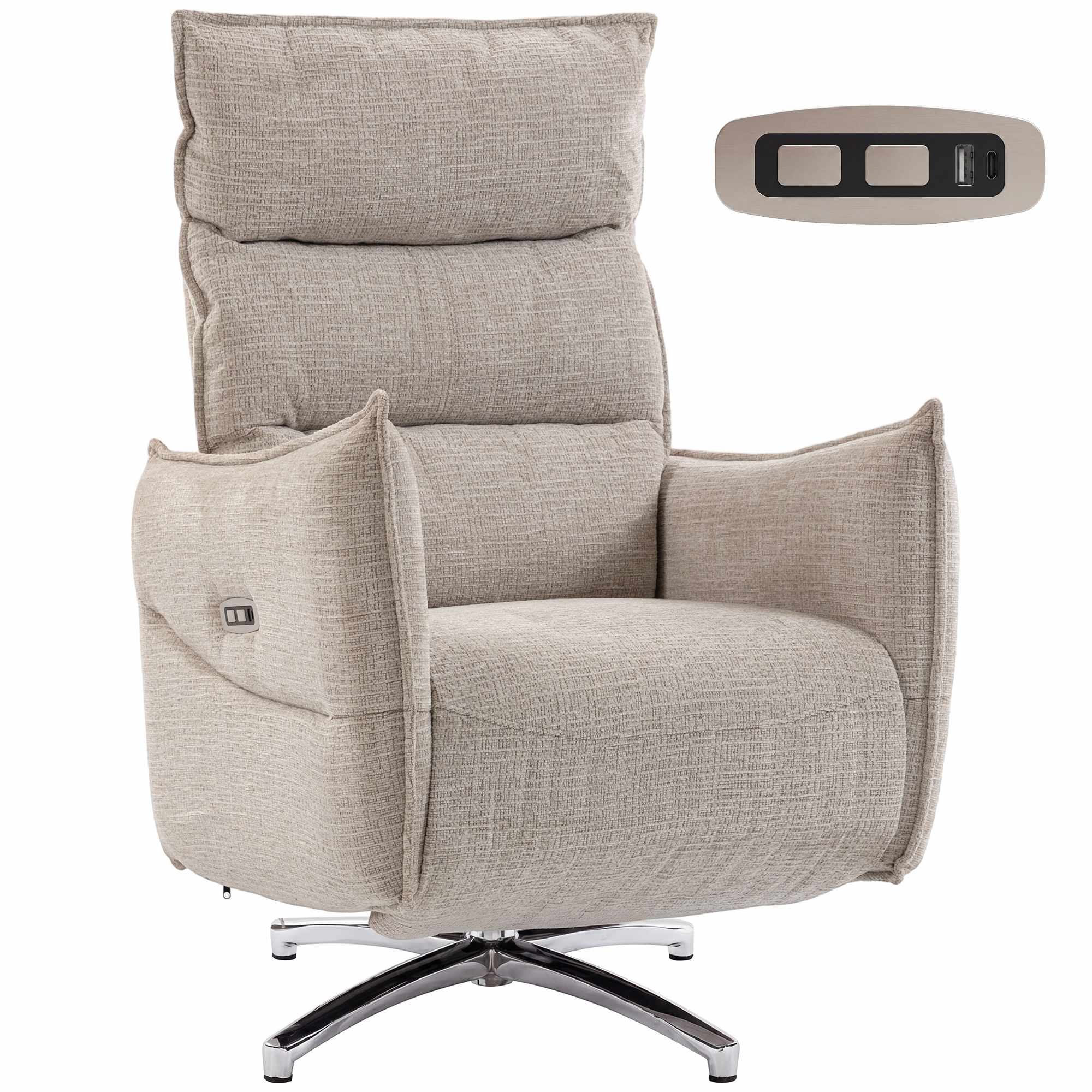 Elektrisk fåtölj med USB-portar, beige linnetyg