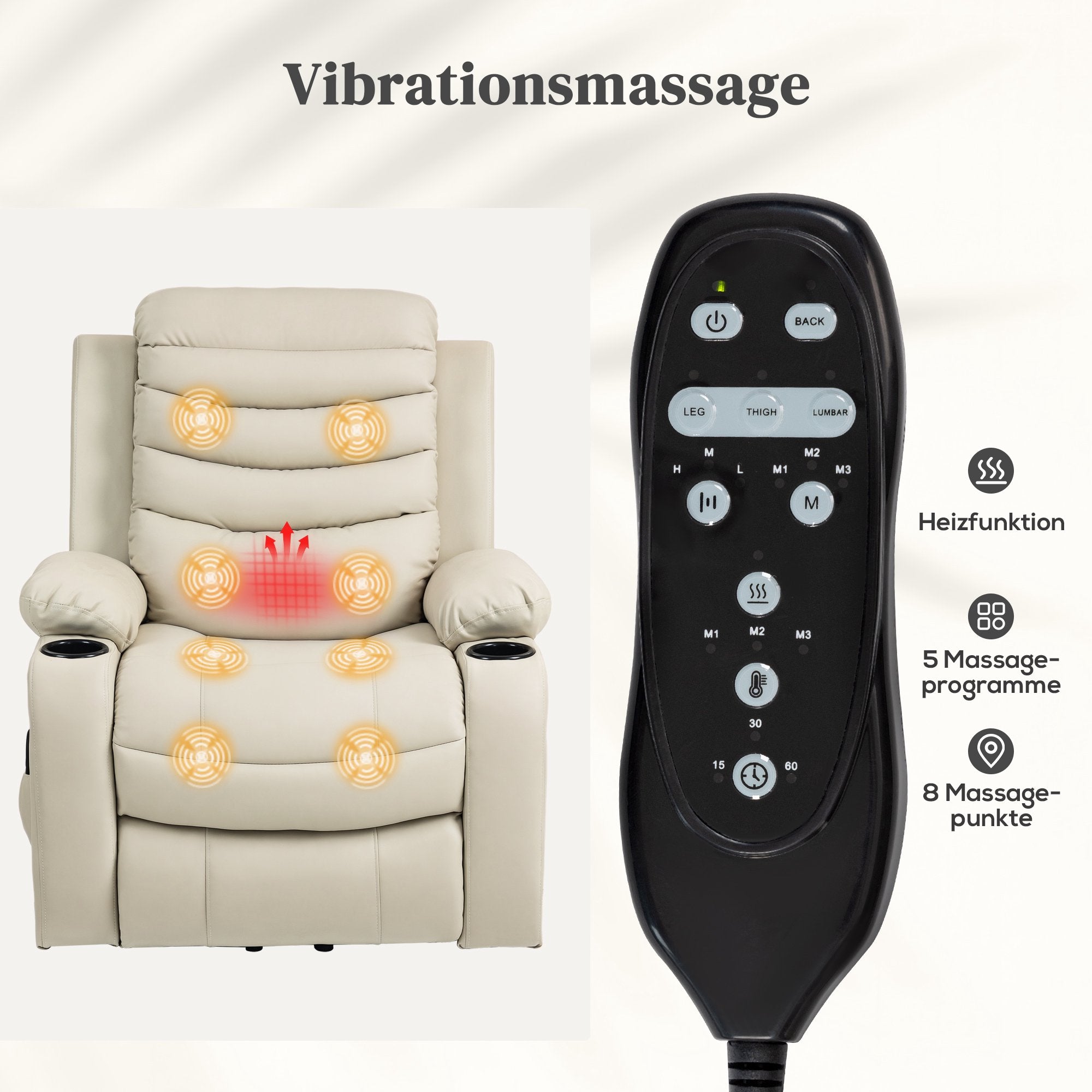 Elektrisk fåtölj med lyft, massage, värme, USB, kräm