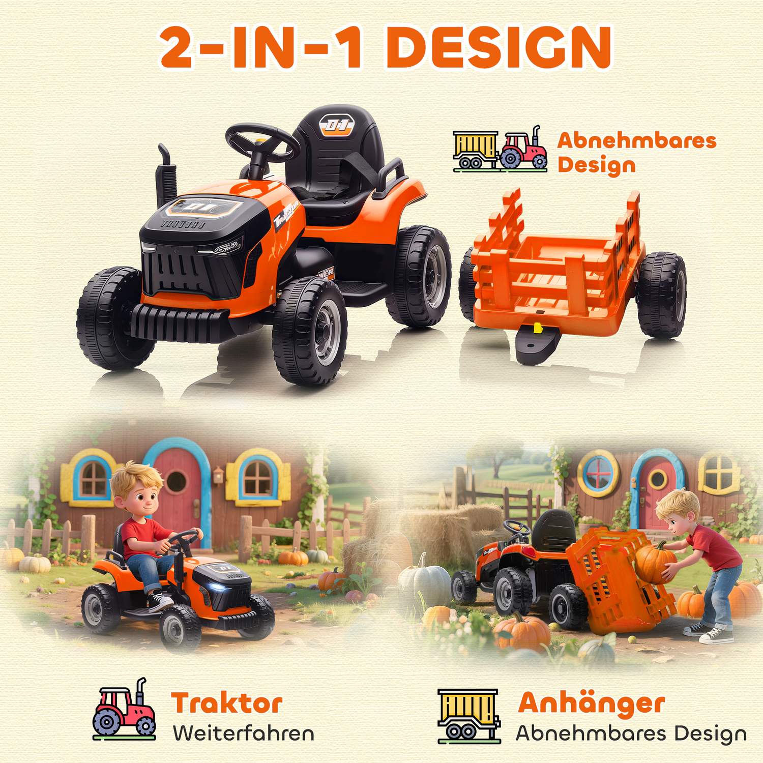 Elektrisk åktraktor för barn, fjärrkontroll, åldrar 3-8, orange