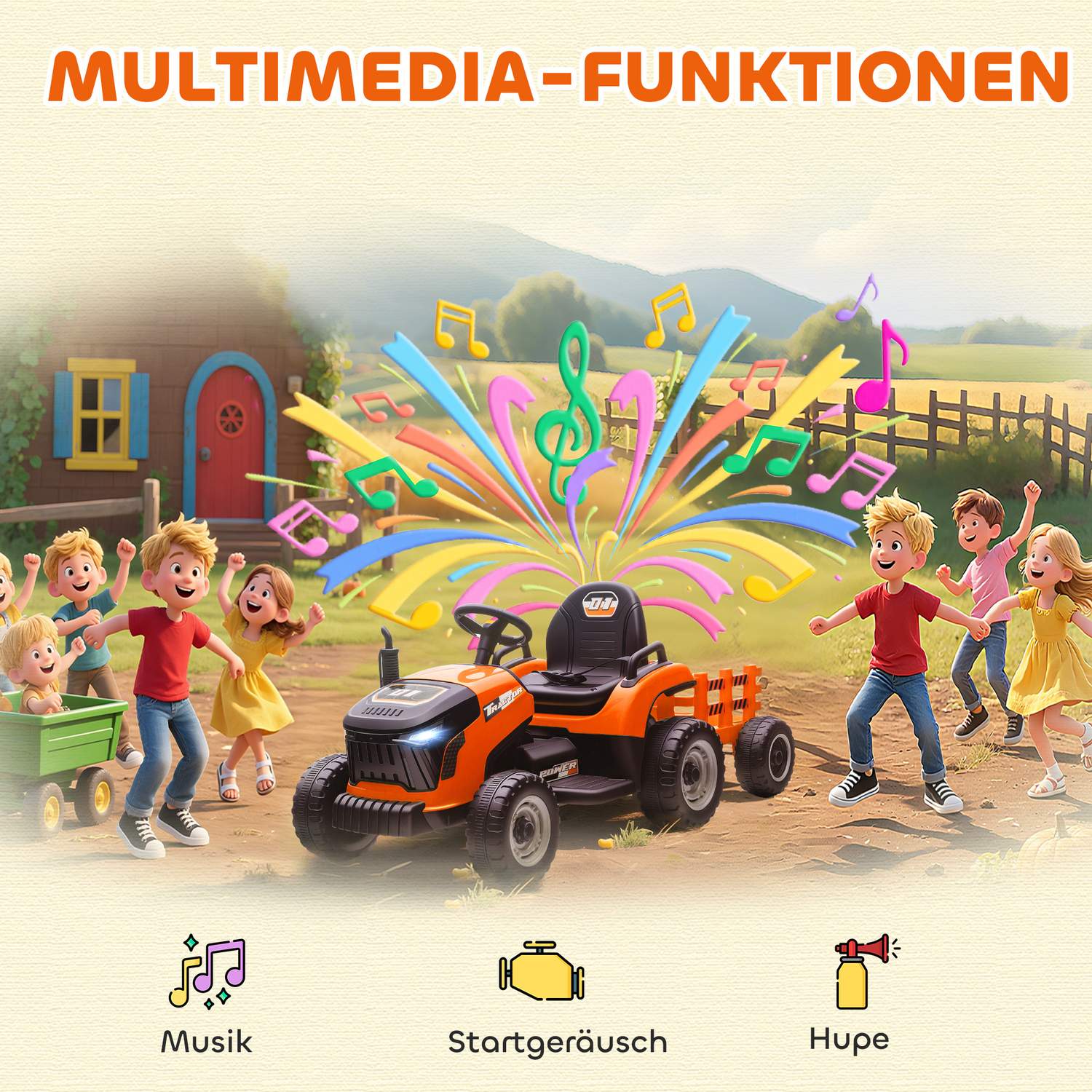 Elektrisk åktraktor för barn, fjärrkontroll, åldrar 3-8, orange