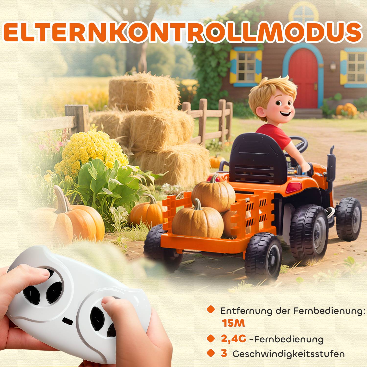 Elektrisk åktraktor för barn, fjärrkontroll, åldrar 3-8, orange