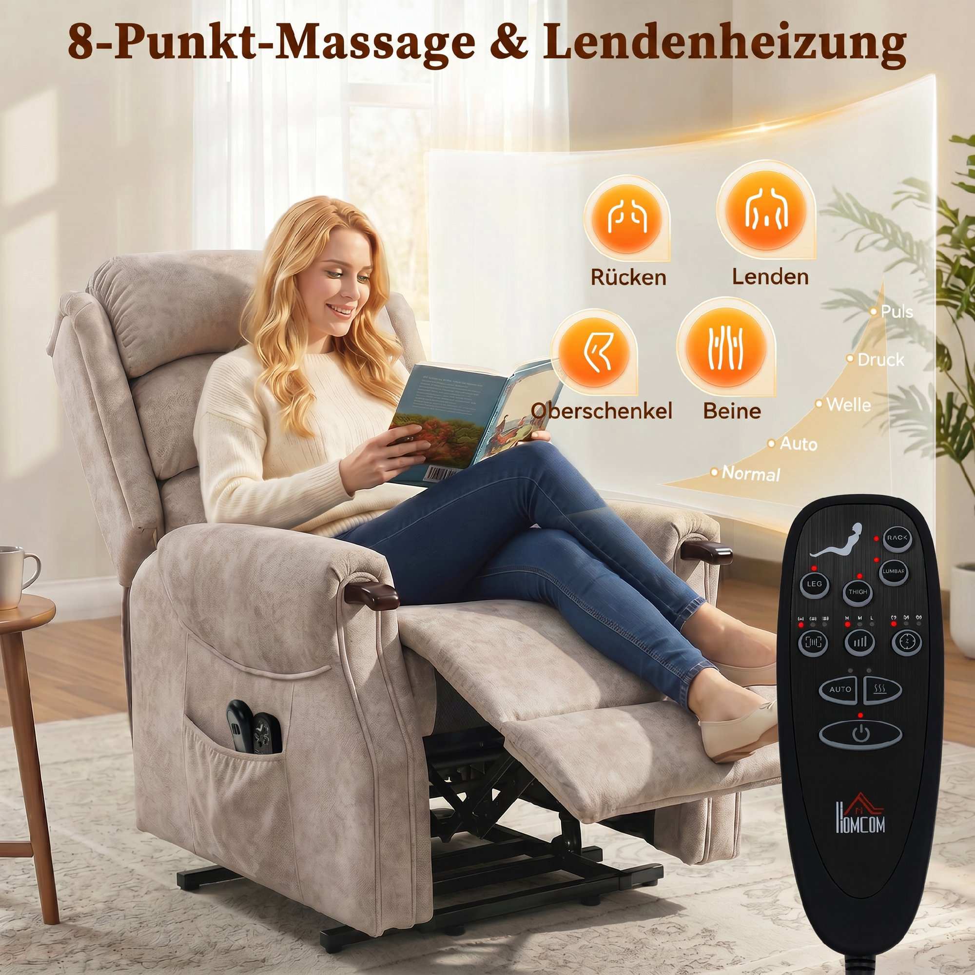 Elektrisk lyftbar fåtölj med massage och värme, grå