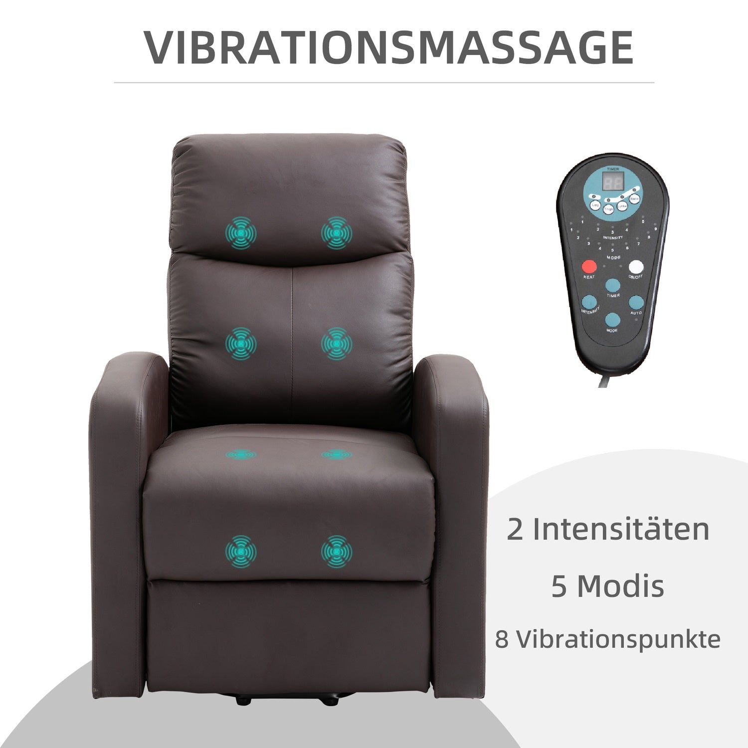 Elektrisk massagefåtölj, ligg med stå-uppstöd, brun
