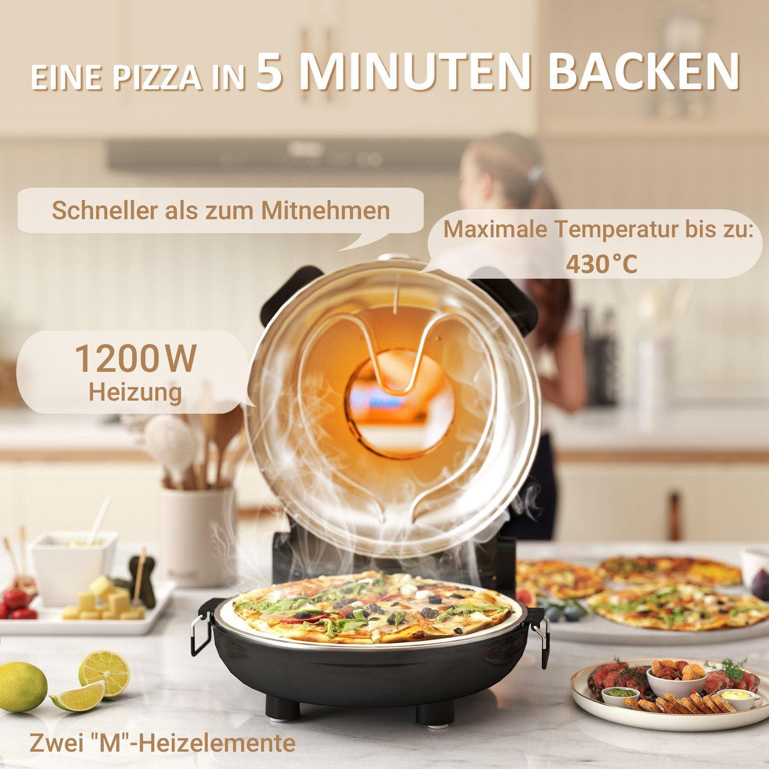 Elektrisk pizzaugn, 430℃, 1200W, 30cm sten, timer