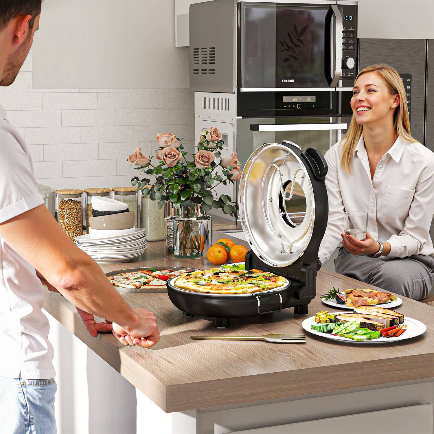 Elektrisk pizzaugn, 430℃, 1200W, 30cm sten, timer