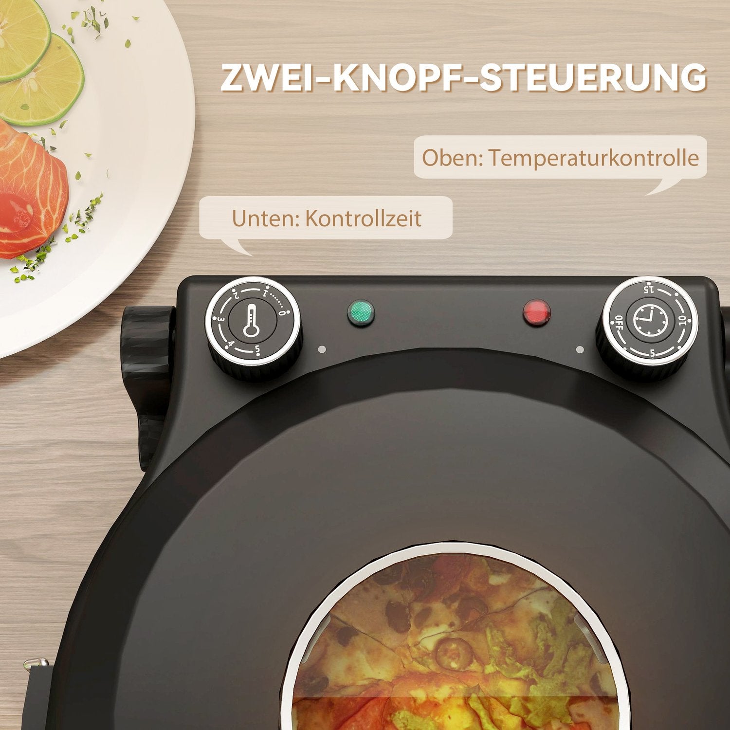 Elektrisk pizzaugn, 430℃, 1200W, 30cm sten, timer