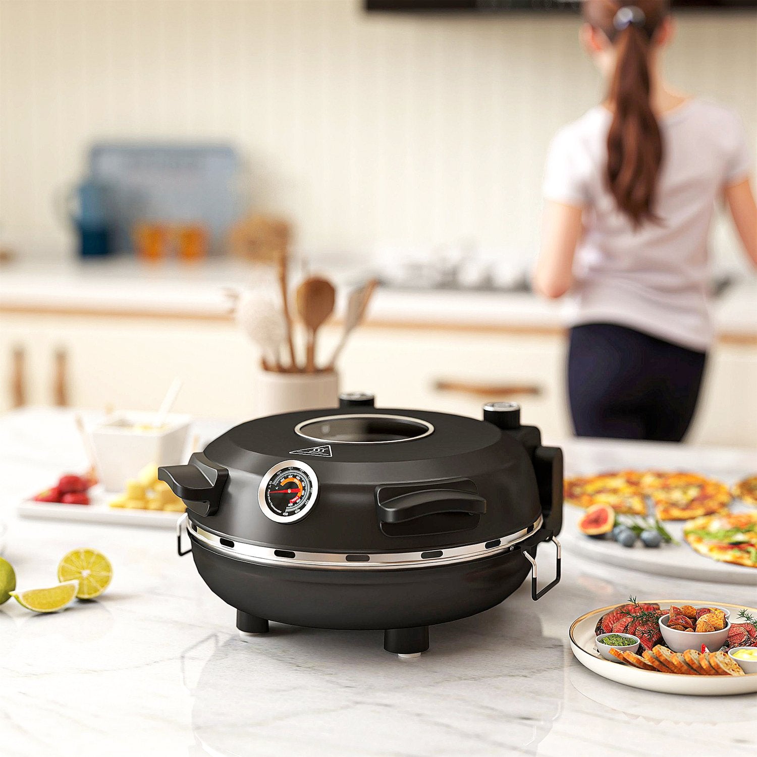 Elektrisk pizzaugn, 430℃, 1200W, 30cm sten, timer