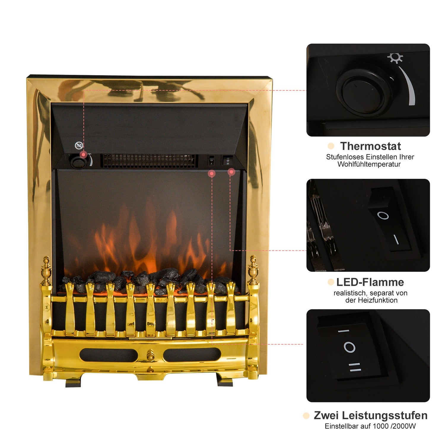 Fristående Elspis, 1000/2000W, Guld, Flameffekt