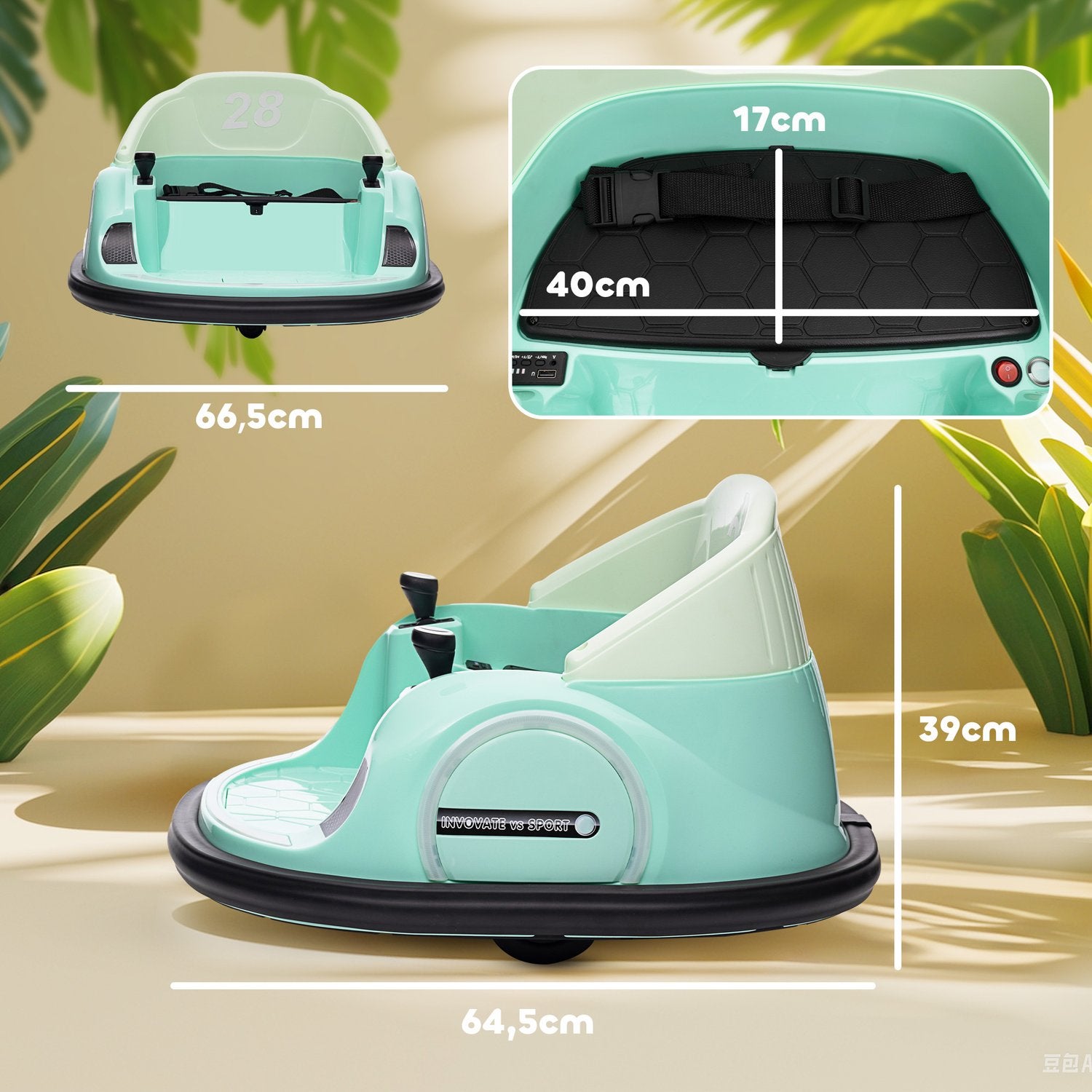 Elektrisk stötfångarbil för barn, 360° spinn, 2 km/h, grön
