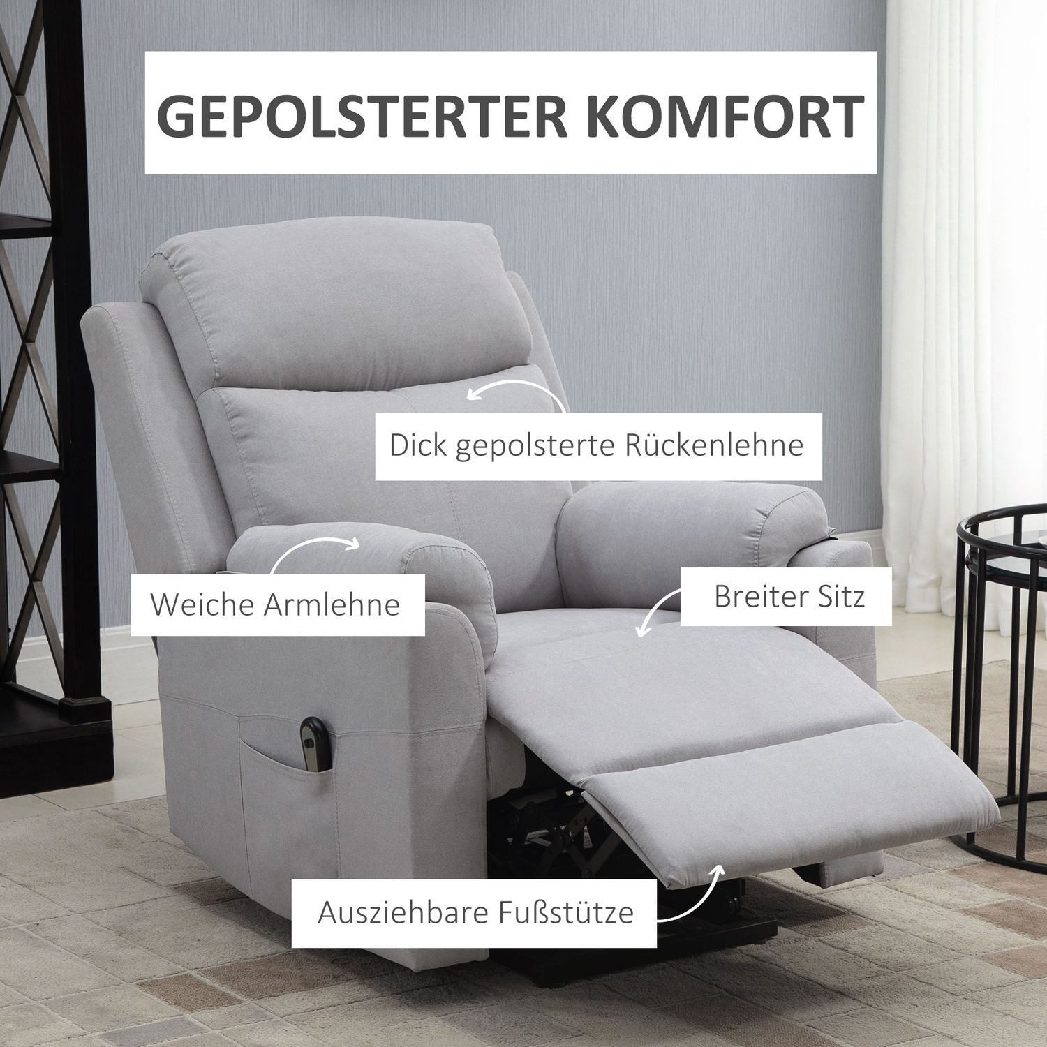 Elektrisk hvilestol for eldre, oppreisningshjelp, grå linlook