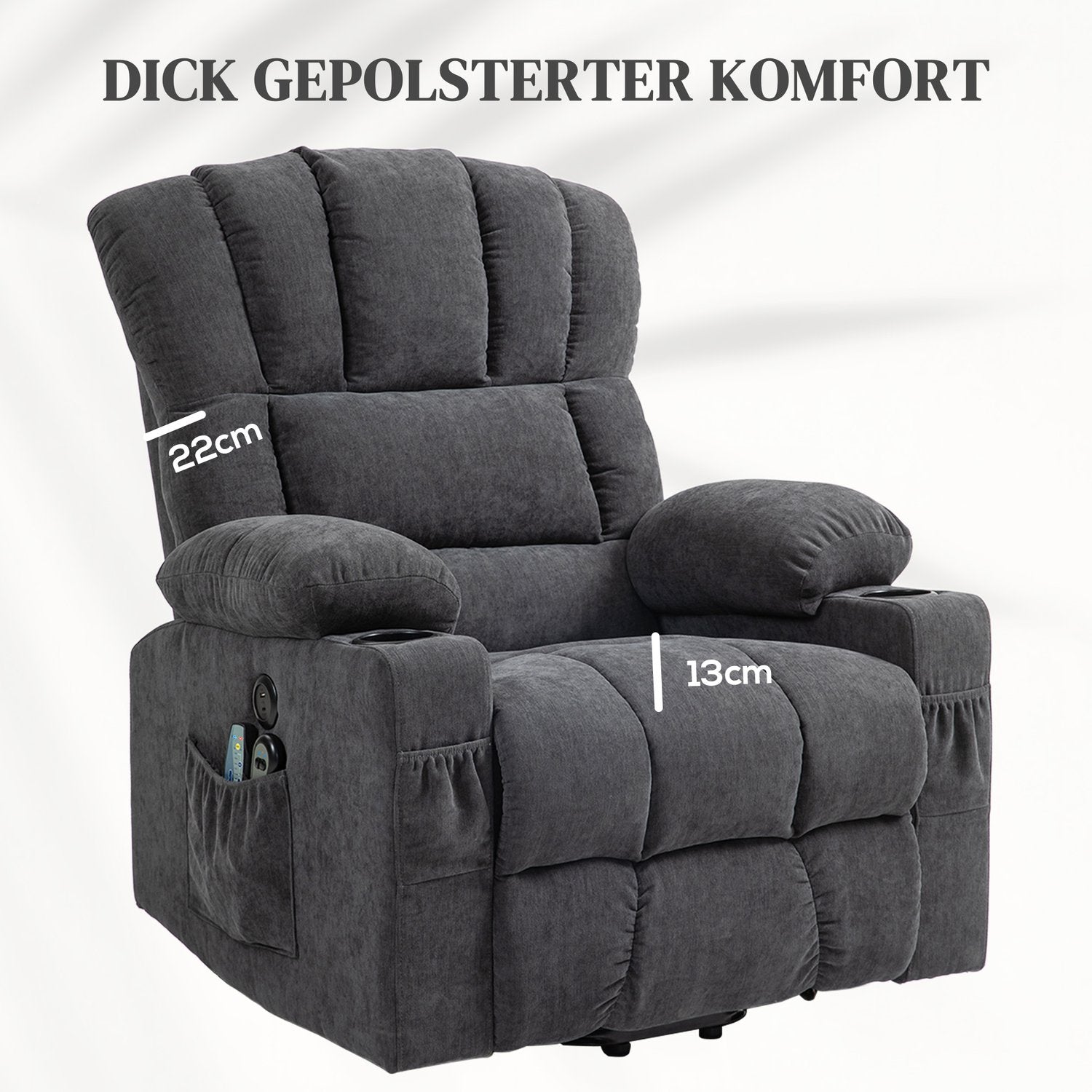 Elektrisk vilstol – massage, värme, USB-portar, mörkgrå