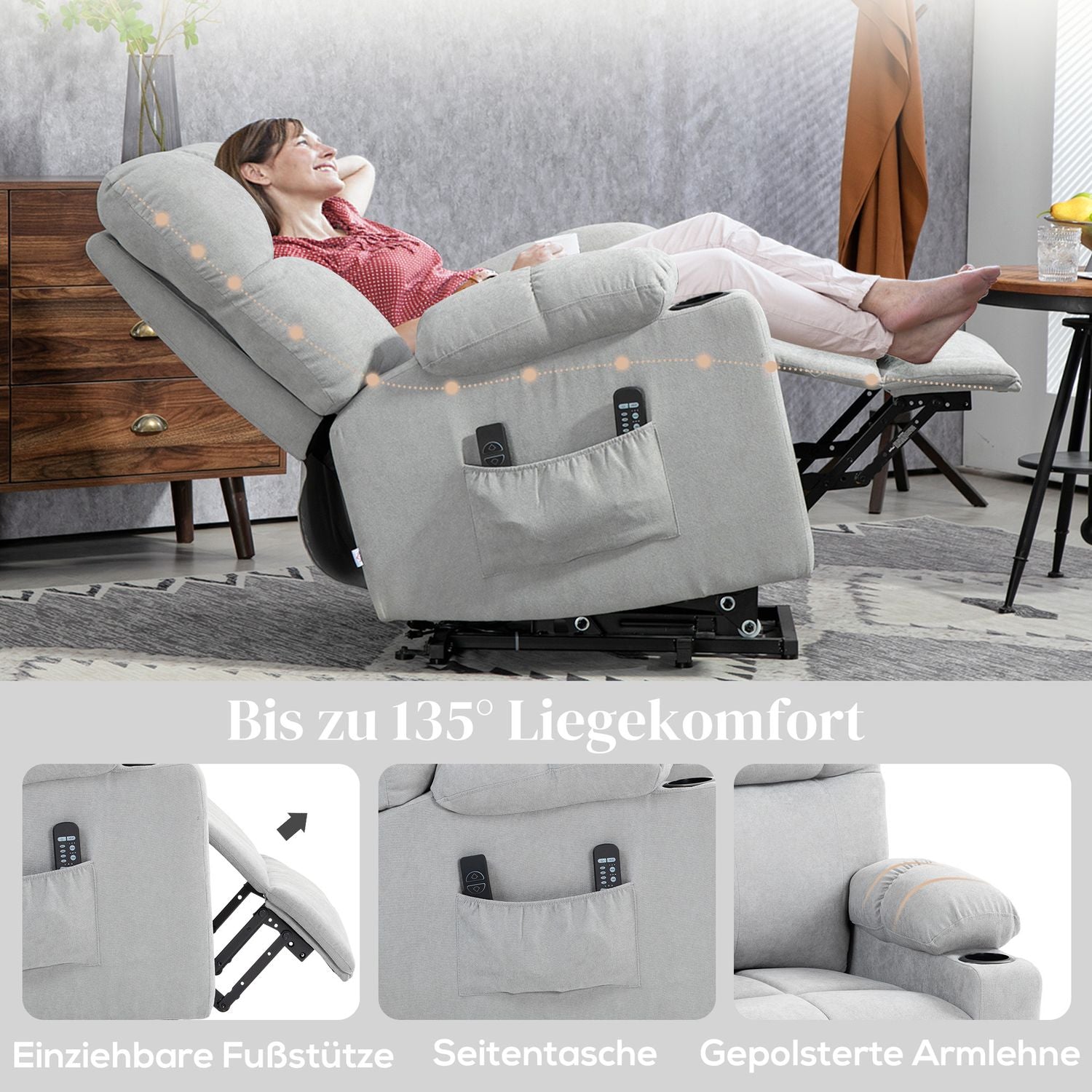 Elektrisk vilstol med stå-upp-hjälp, massage & värme