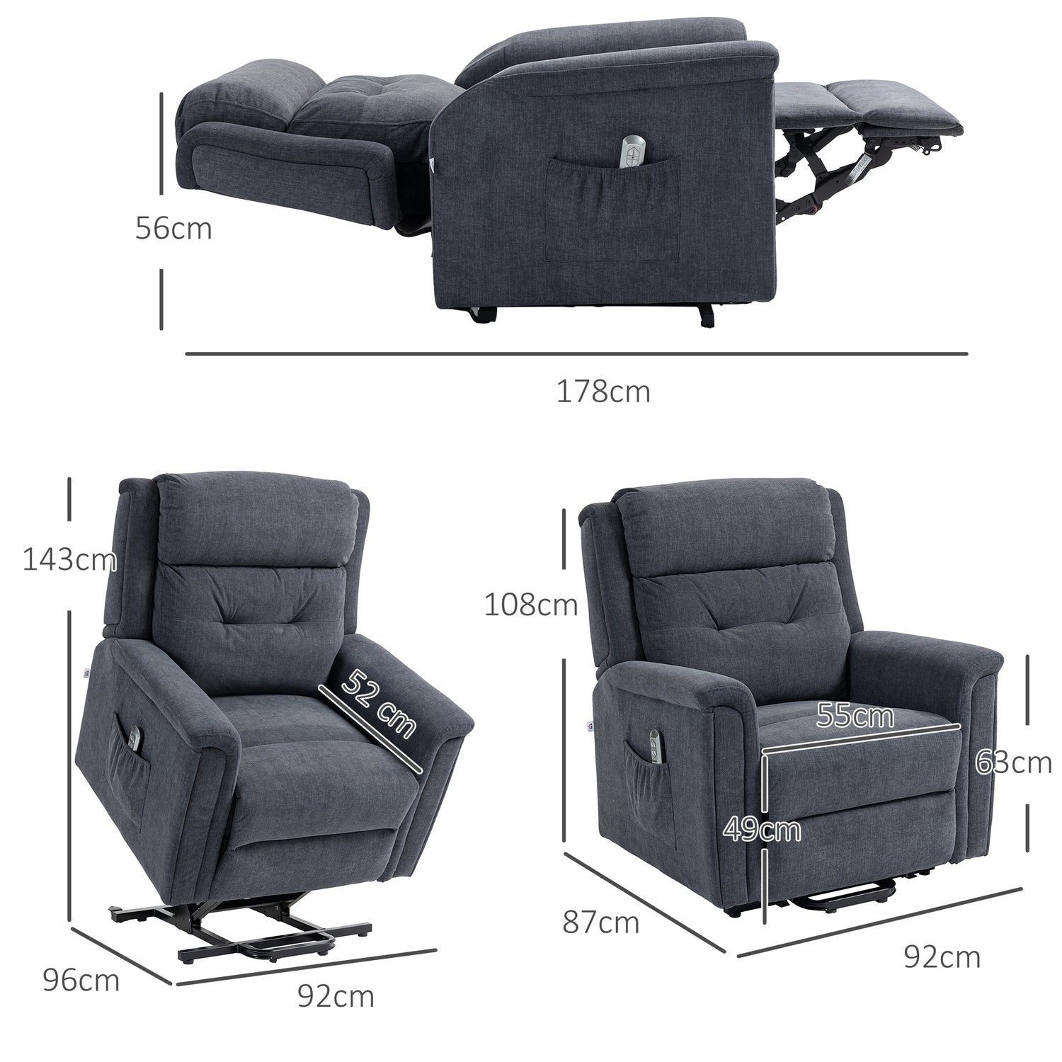 Elektrisk vilstol, ståhjälp, fjärrkontroll, mörkgrå