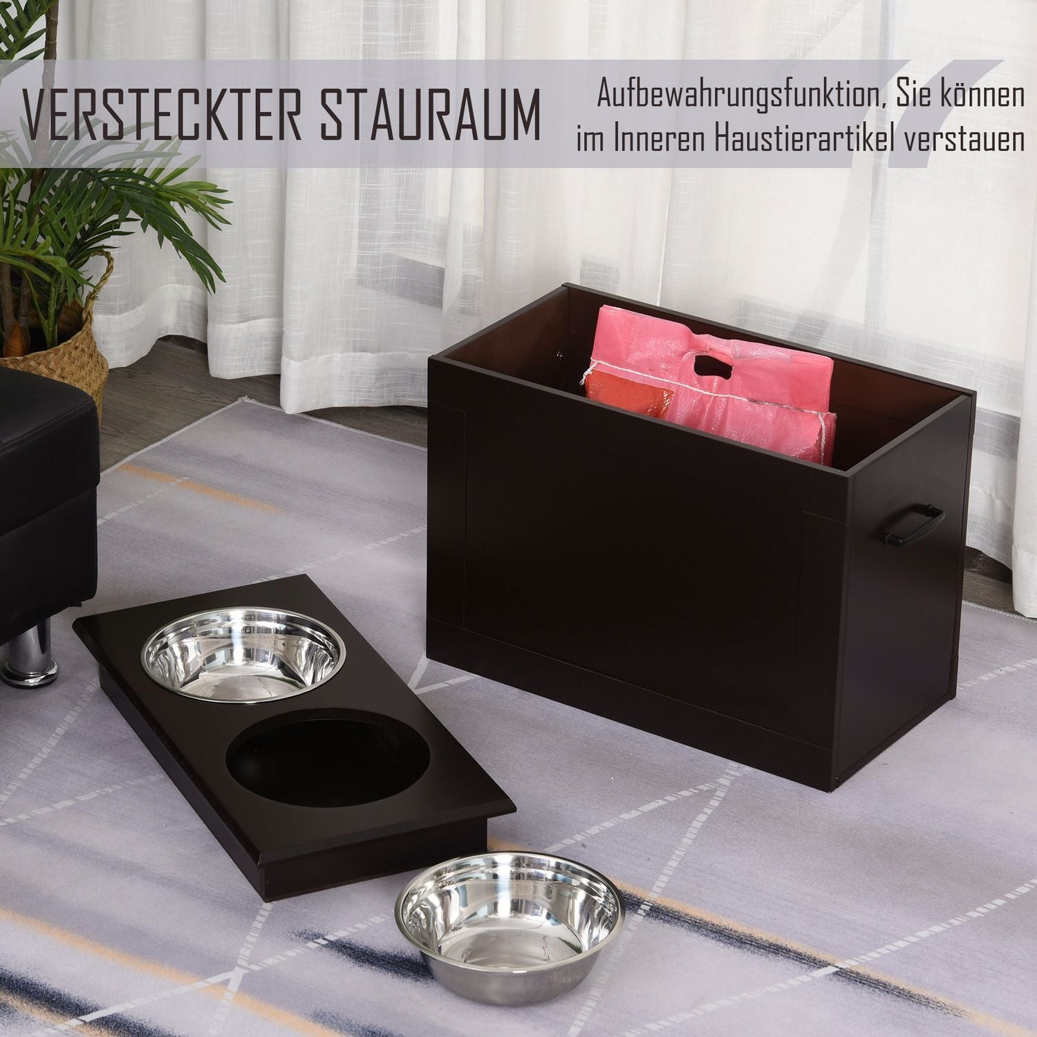 Hundematskål med oppbevaringsplass 2 skåler Fôringsstasjon Rustfri skål Katteskål Mdf Rustfri Espresso 60 X 30 X 41 Cm