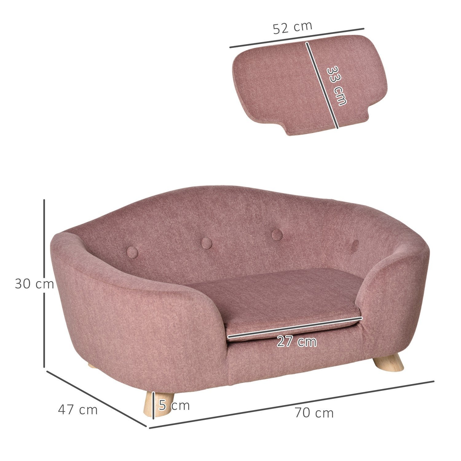 Hundeseng Hundesofa Hundesofa Hundematte Med pute Baklomme Plysjskum Furu Rosa 70 X 47 X 30 Cm