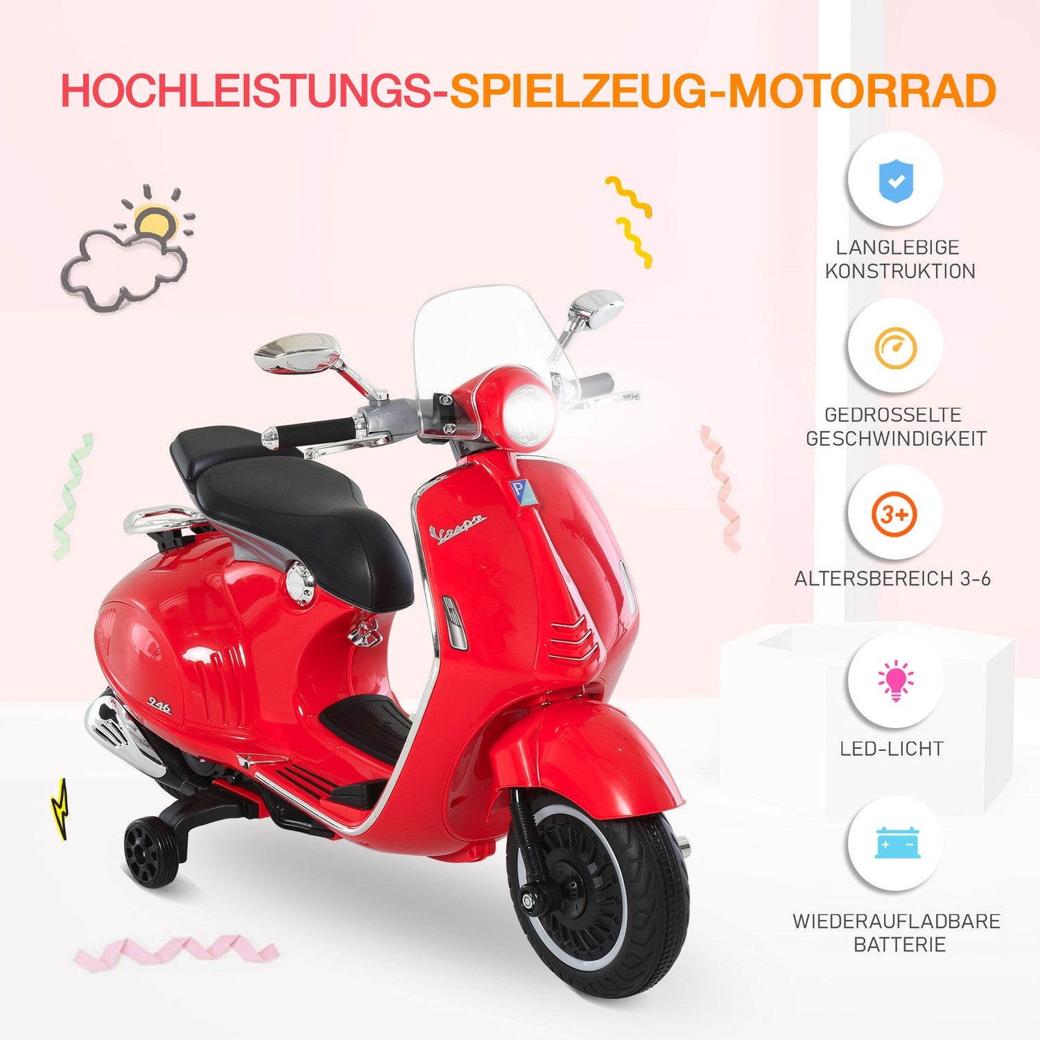 Elmotorcykel för barn med MP3 & lampor, röd