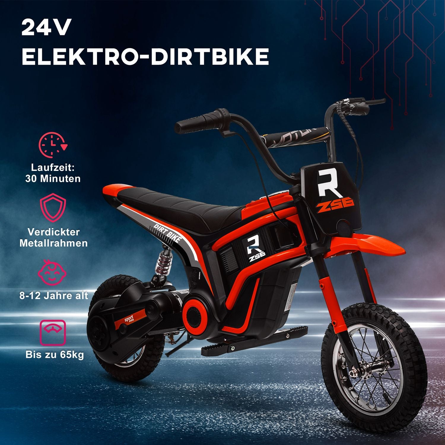 Elmotorcykel för barn, 24V 350W, 8-16 KMH, 12"" däck