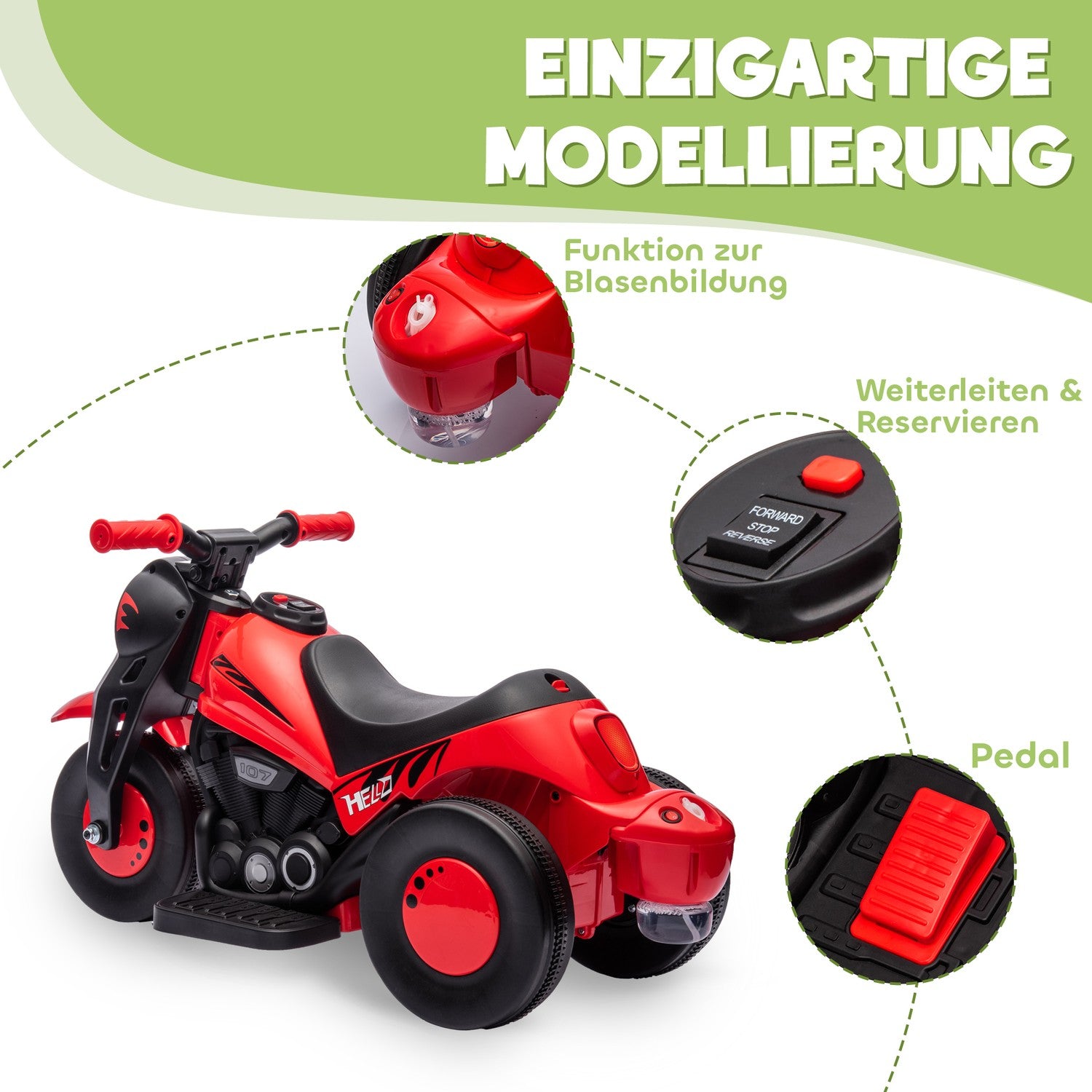 Elmotorcykel för barn, 6V med musik, 2,5-3 km/h, 2-5 år