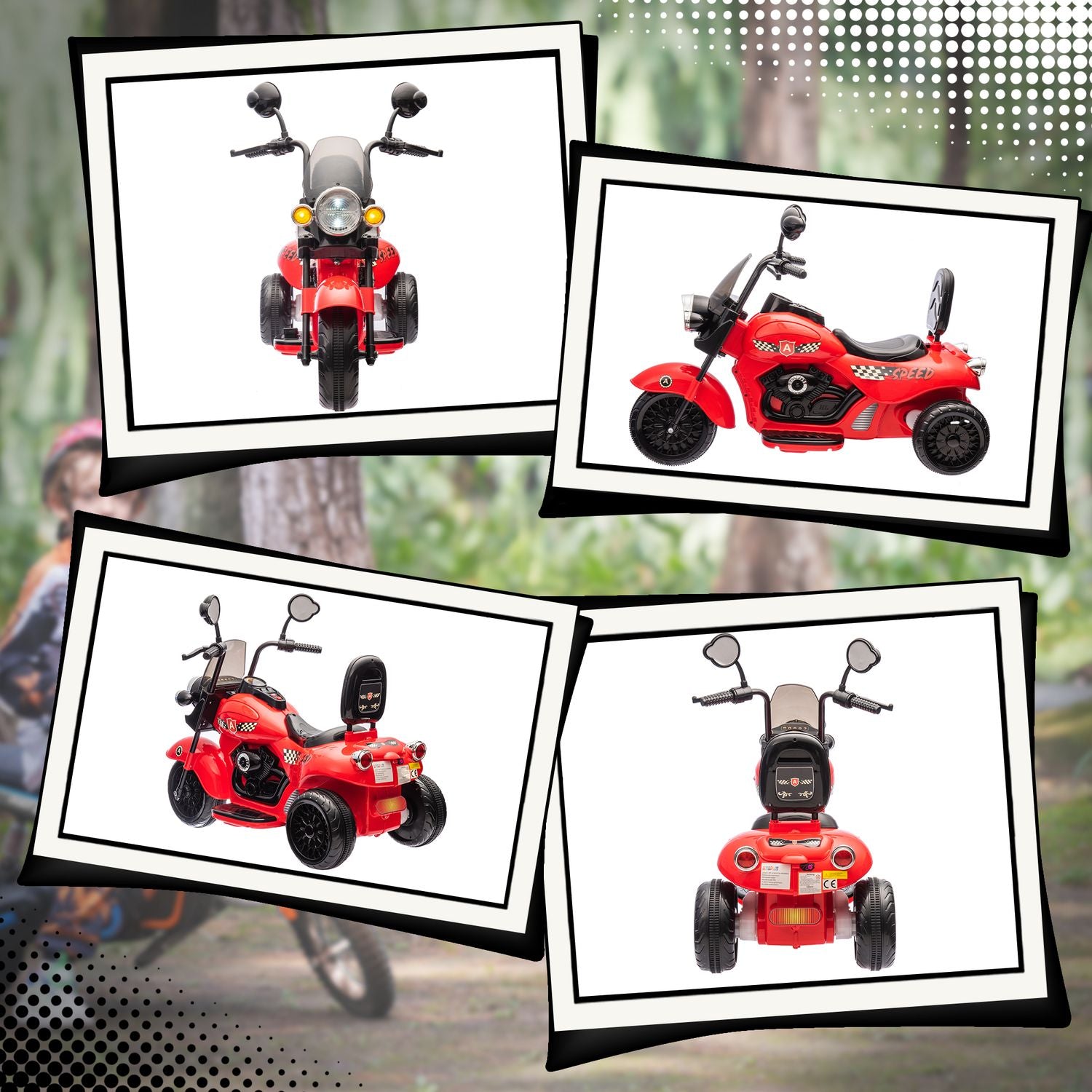 Elmotorcykel för barn, LED, Musik, 3-6 år, Röd