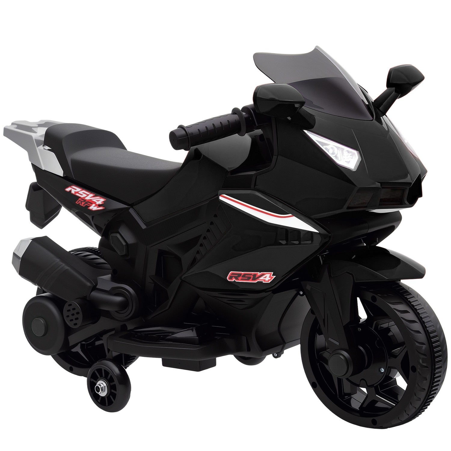 Elmotorcykel för barn, tuta, strålkastare, musik, svart