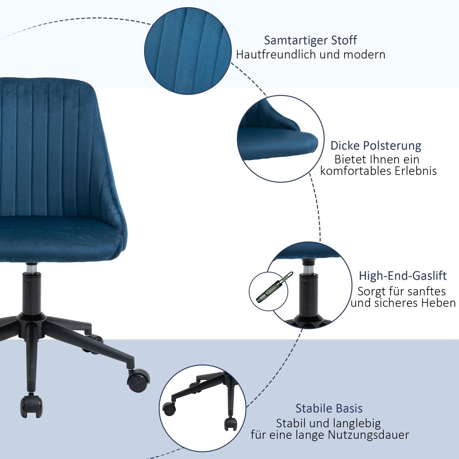 Kontorstol Dreiestol Skrivebordsstol Ergonomisk linjedesign Høydejusterbar 360° Roterbar fløyel Glatt polyesterblå 50 X 58 X 77-85 Cm