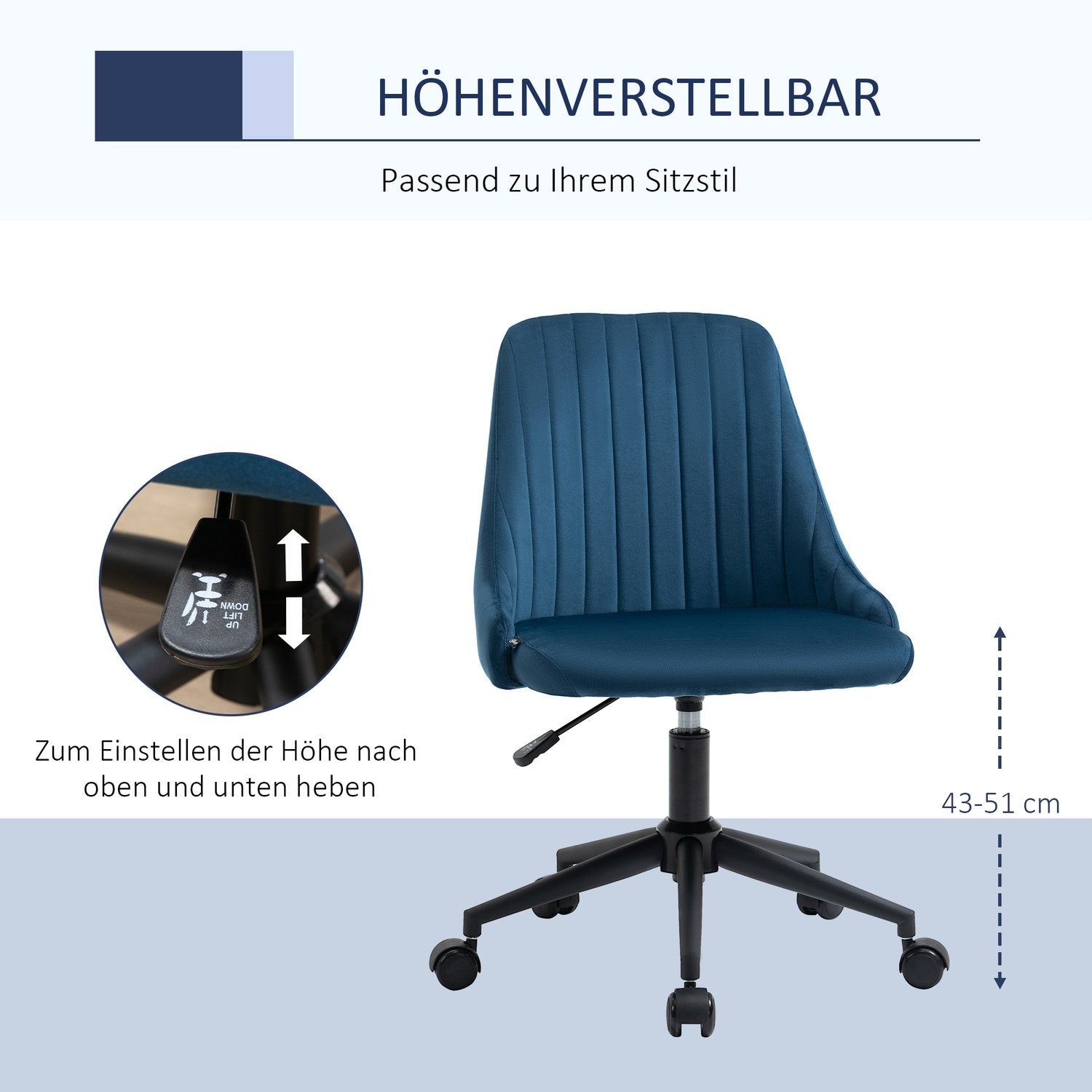 Kontorstol Dreiestol Skrivebordsstol Ergonomisk linjedesign Høydejusterbar 360° Roterbar fløyel Glatt polyesterblå 50 X 58 X 77-85 Cm