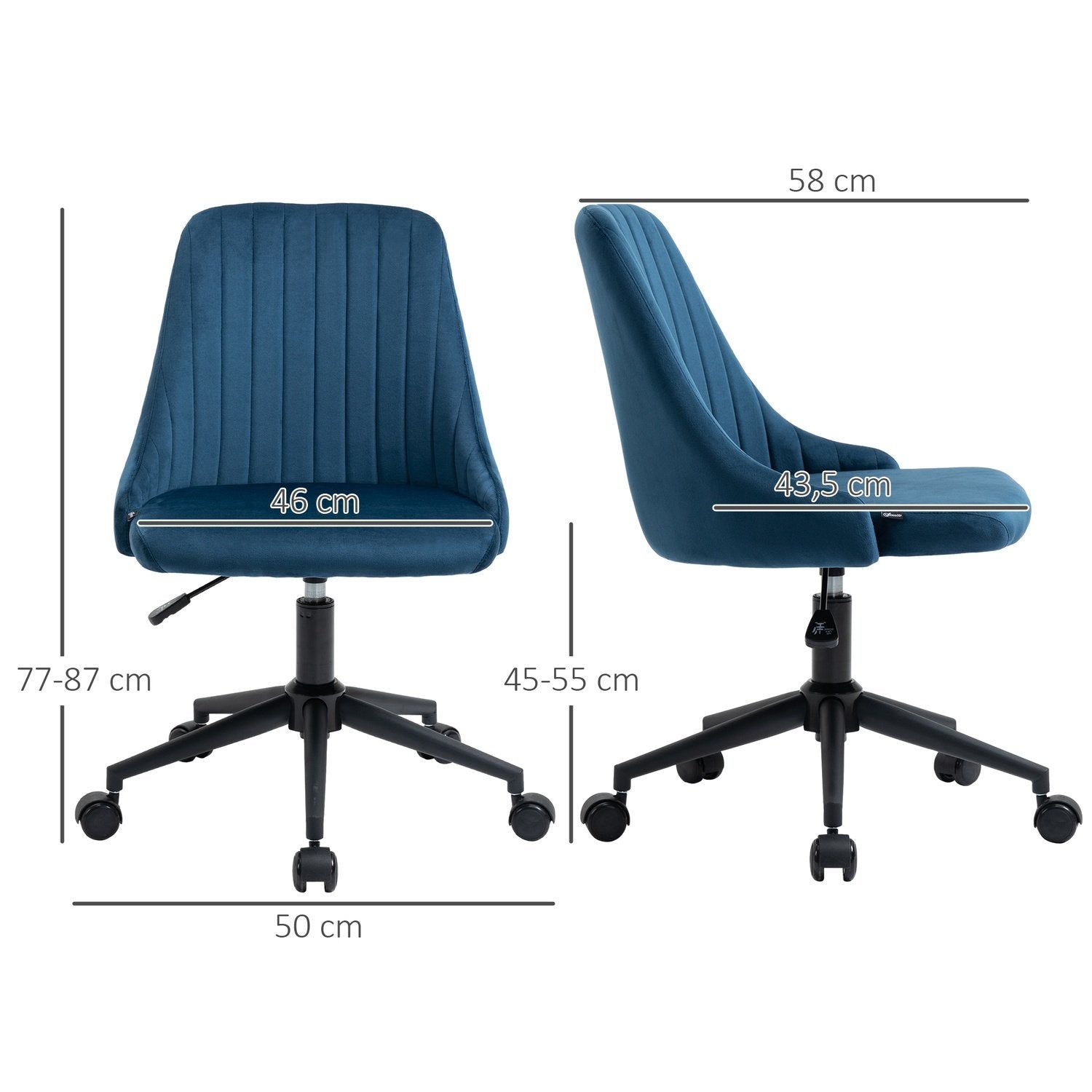 Kontorstol Dreiestol Skrivebordsstol Ergonomisk linjedesign Høydejusterbar 360° Roterbar fløyel Glatt polyesterblå 50 X 58 X 77-85 Cm