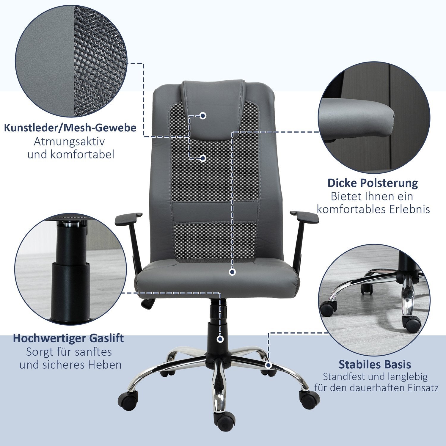 Kontorstol Lederstol Høydejusterbar, Ergonomisk, Kunstskinn, Grå, 66X73X108-118 Cm