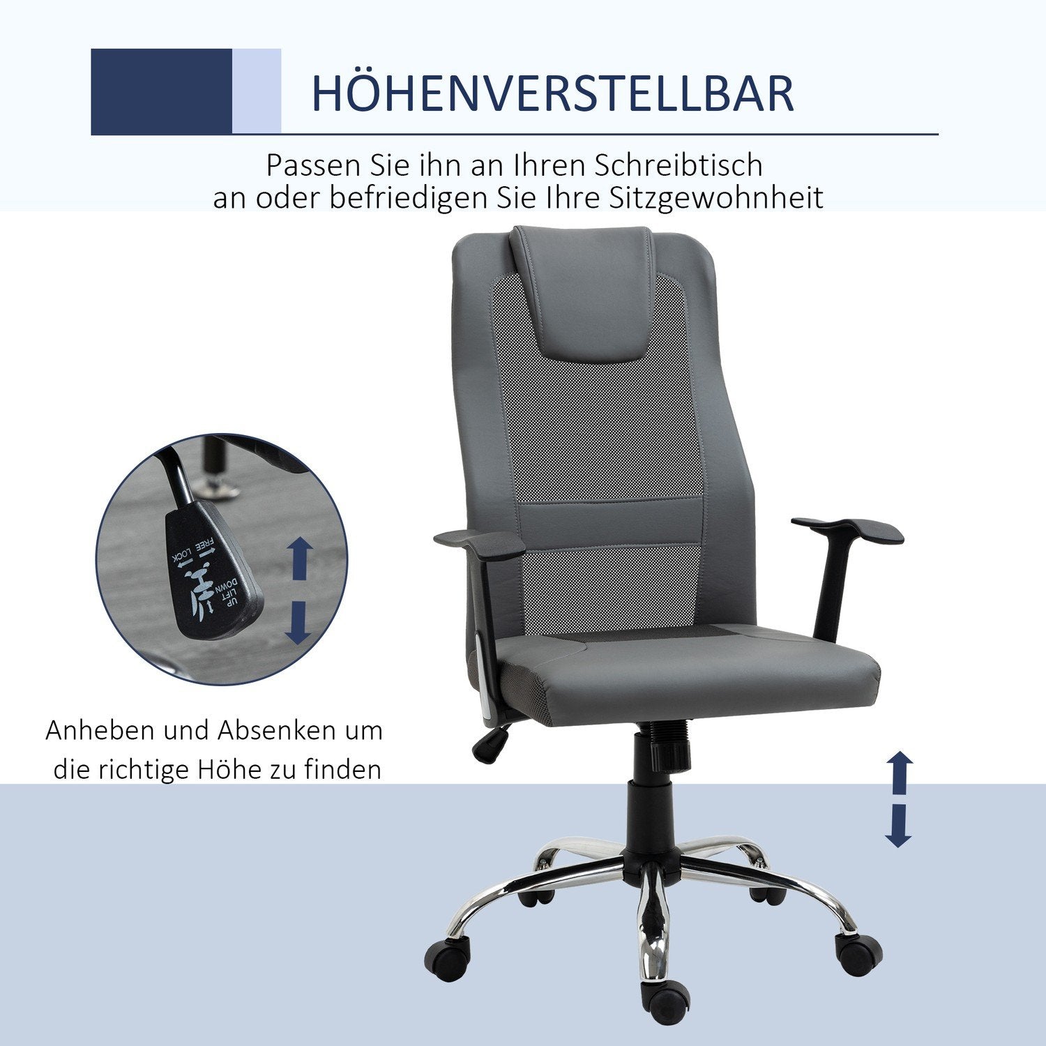 Kontorstol Lederstol Høydejusterbar, Ergonomisk, Kunstskinn, Grå, 66X73X108-118 Cm