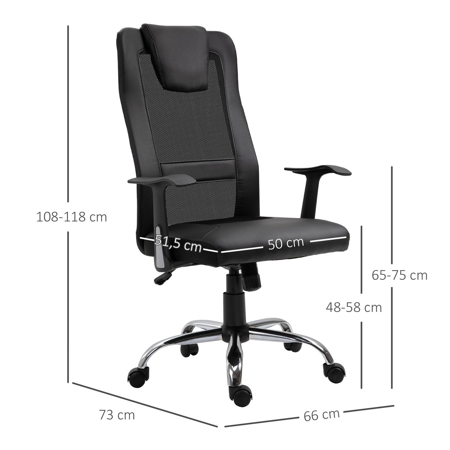 Kontorstol Ergonomisk svingstol, høydejusterbar, PU-skinn, svart, 66X73X108-118 cm