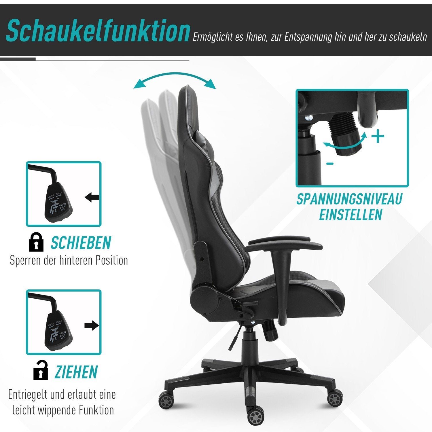 Ergonomisk kontorstol spillestol, svingstol laget av kunstskinn og skum, svart, 67,5X74X126-136cm