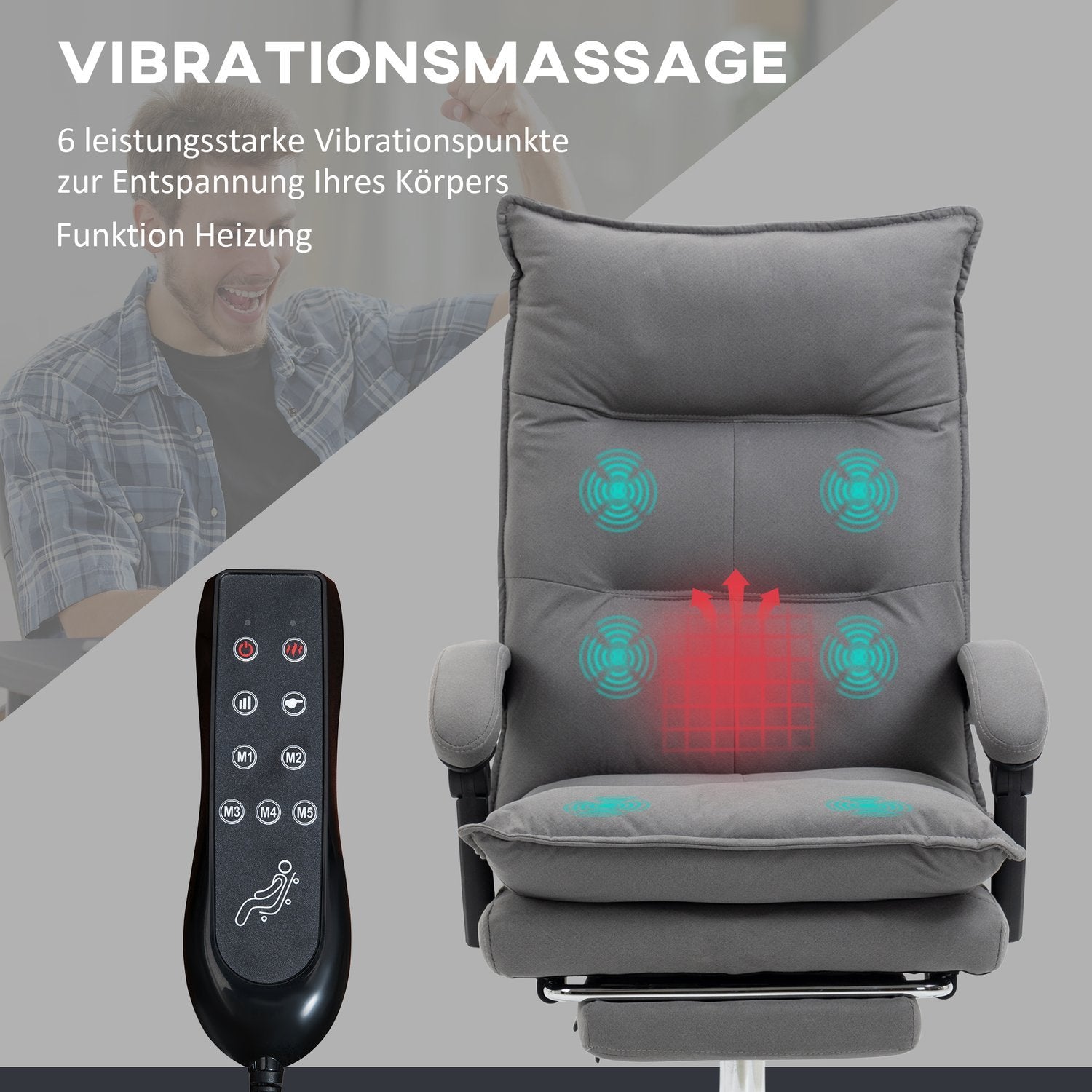 Massagekontorsstol Skrivbordsstol Med Vippfunktion, Höjdjusterbar 114-121,5Cm, Värmefunktion, Fotstöd, Liggfunktion