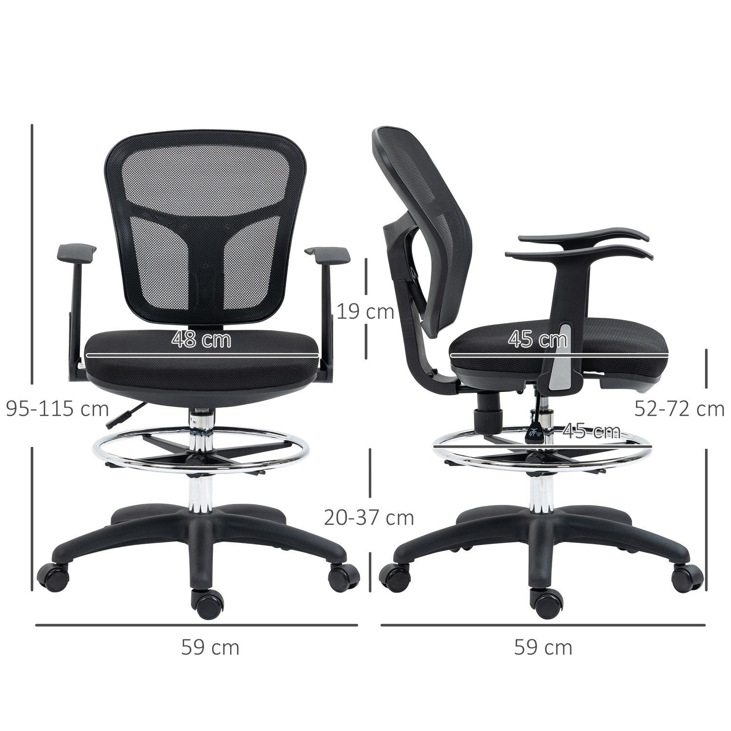 Kontorstol, ergonomisk tegnestol, 95-115 cm datamaskinstol med armlener, skrivebordsstol med fotstøtte, mesh, svart