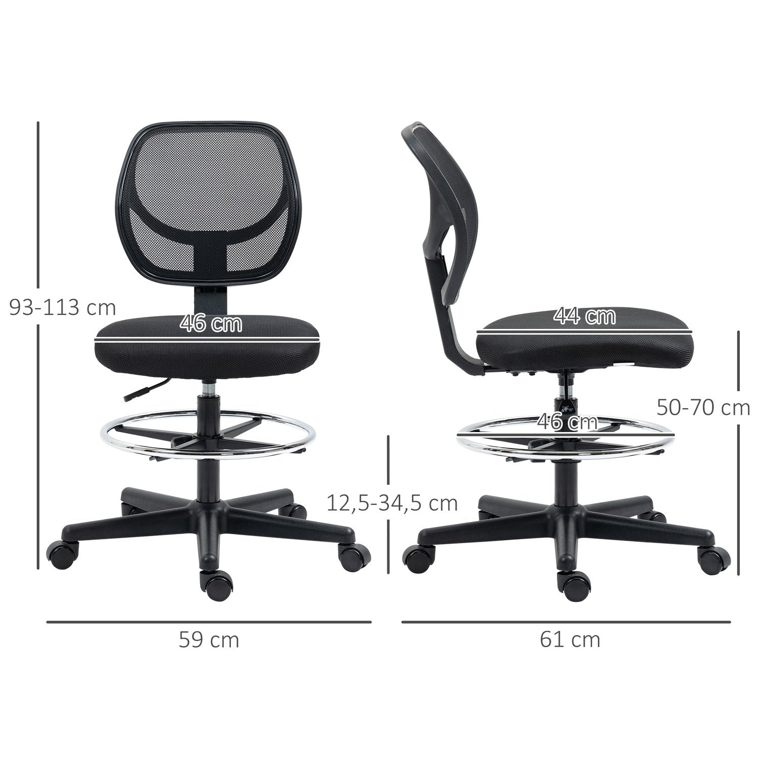 Kontorstol Ergonomisk svingstol med justerbar fotring, høydejusterbar 93-113 cm, hjul, svart