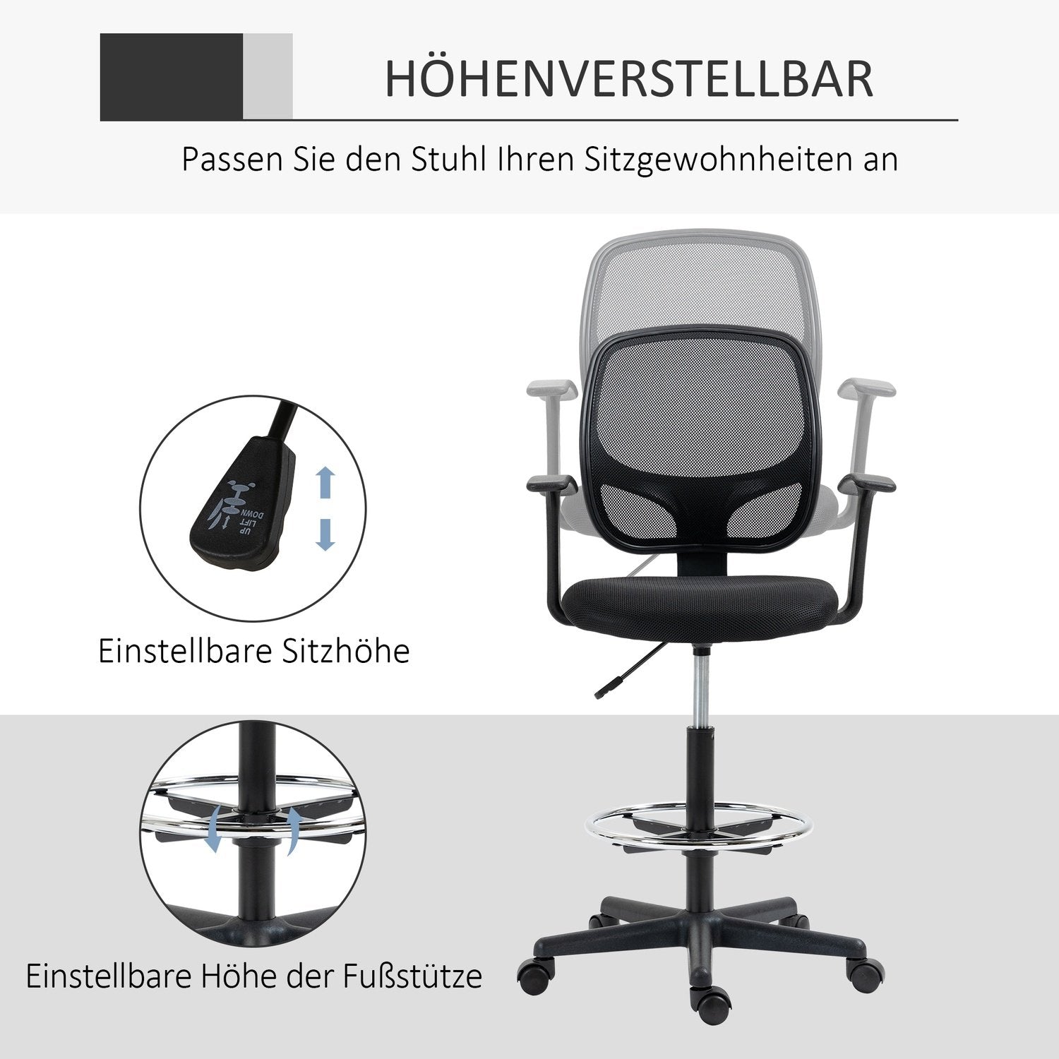 Ergonomisk Kontorsstol, Skrivbordsstol, Snurrstol, Ritstol, Justerbar Fotring, Upp Till 120 Kg, Svart, 60X56X110-132 Cm