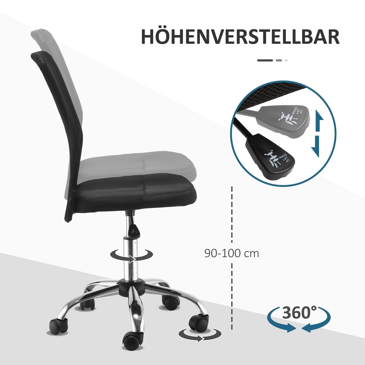 Kontorstol Ergonomisk hevet og senket skrivebordsstol, 360° med pustende ryggstøtte, lastekapasitet opptil 100 kg, svart