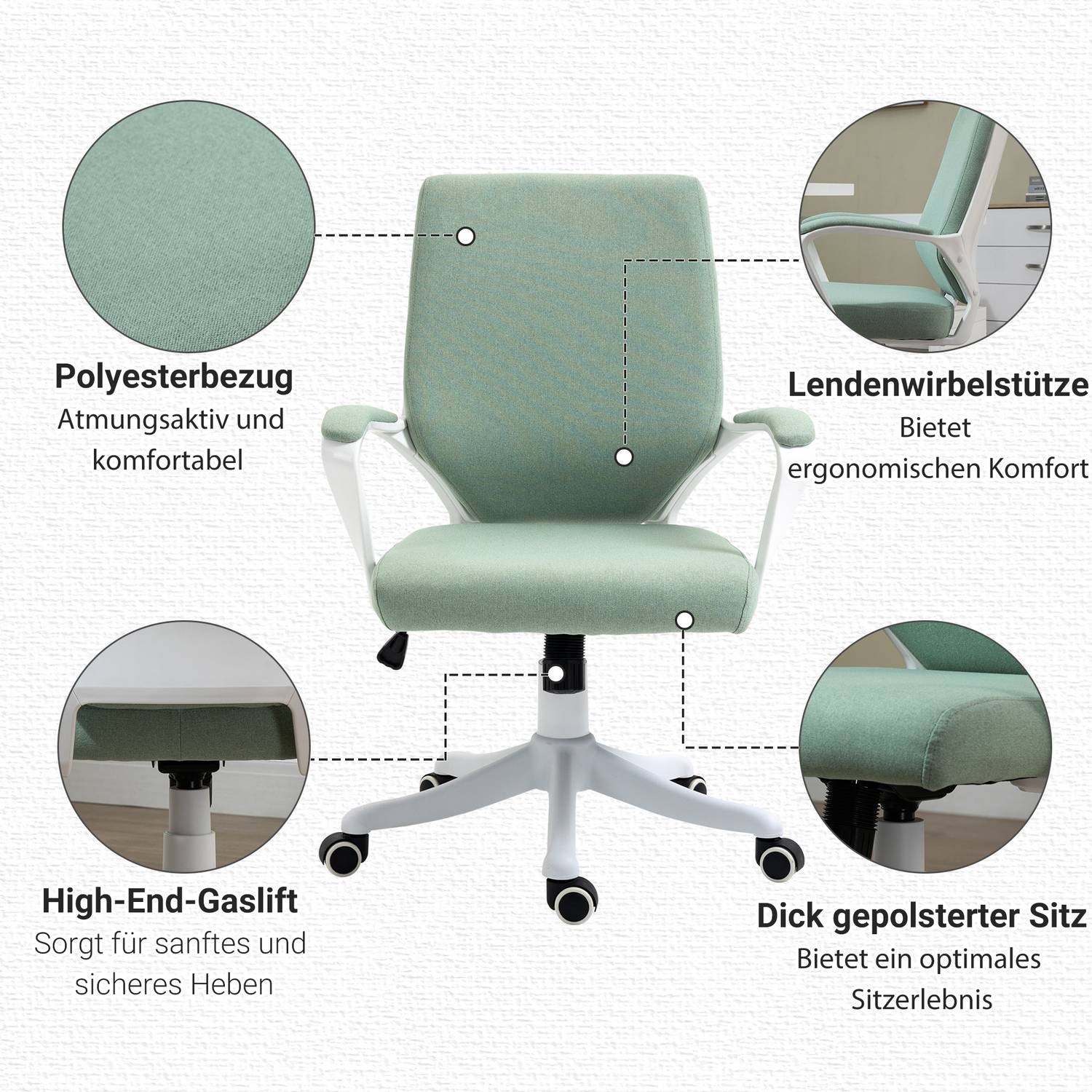 Kontorstol Skrivebordsstol med vippefunksjon Ryggstøtte Tykk polstret Ergonomisk 360° svingbare hjul Polyester Grønn + Hvit 62X69X92-100 Cm