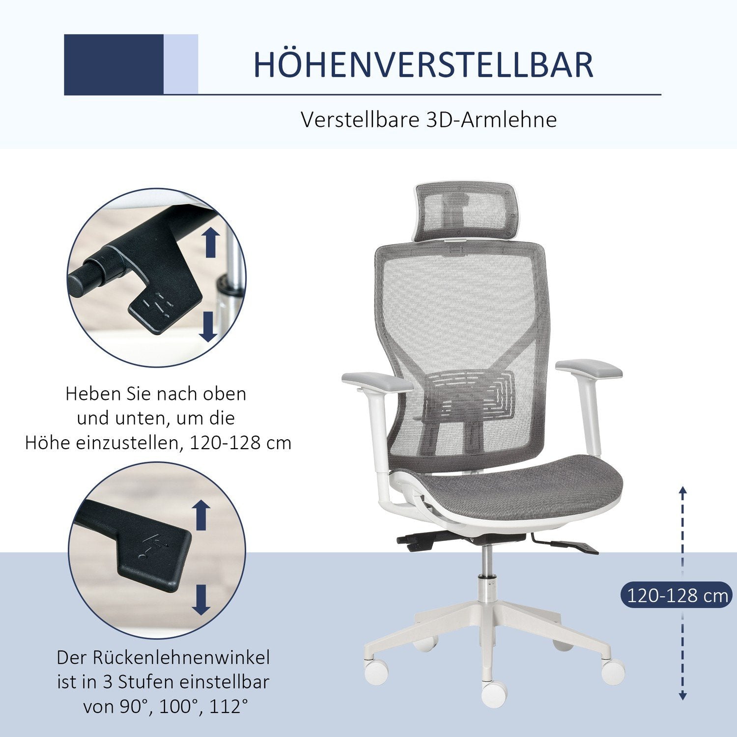 Kontorstol Skrivebordsstol Svingstol Spillestol med hodestøtte Korsryggstøttepute 3D Armlen 3 nivåer 360° svingbare hjul Høydejusterbar Ergonomisk