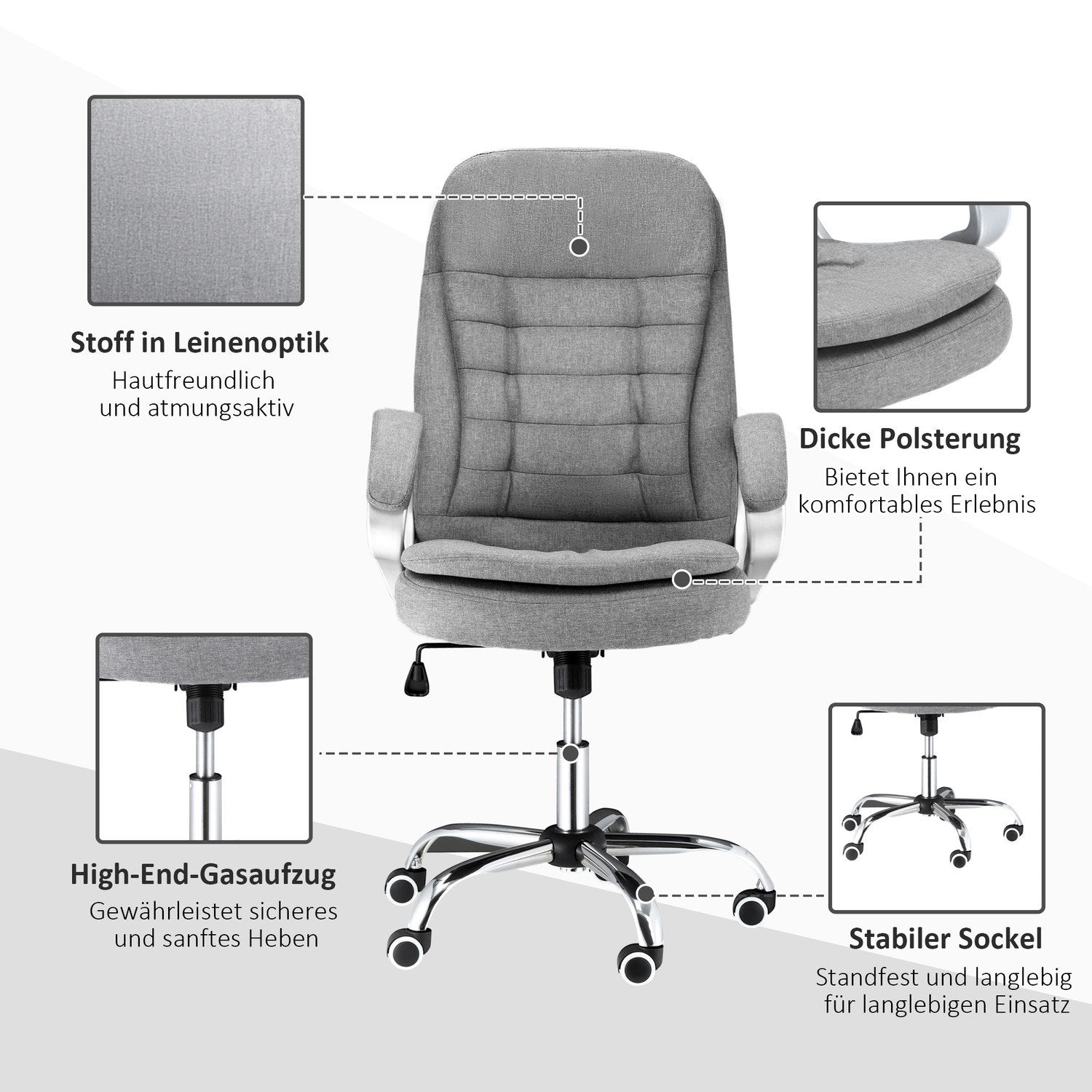 Kontorstol Arbeidsstol med 360° rotasjon, Ergonomisk, Tilt-funksjon, Heves og Senkbar, Grå Lin, 64X75X111-121 Cm