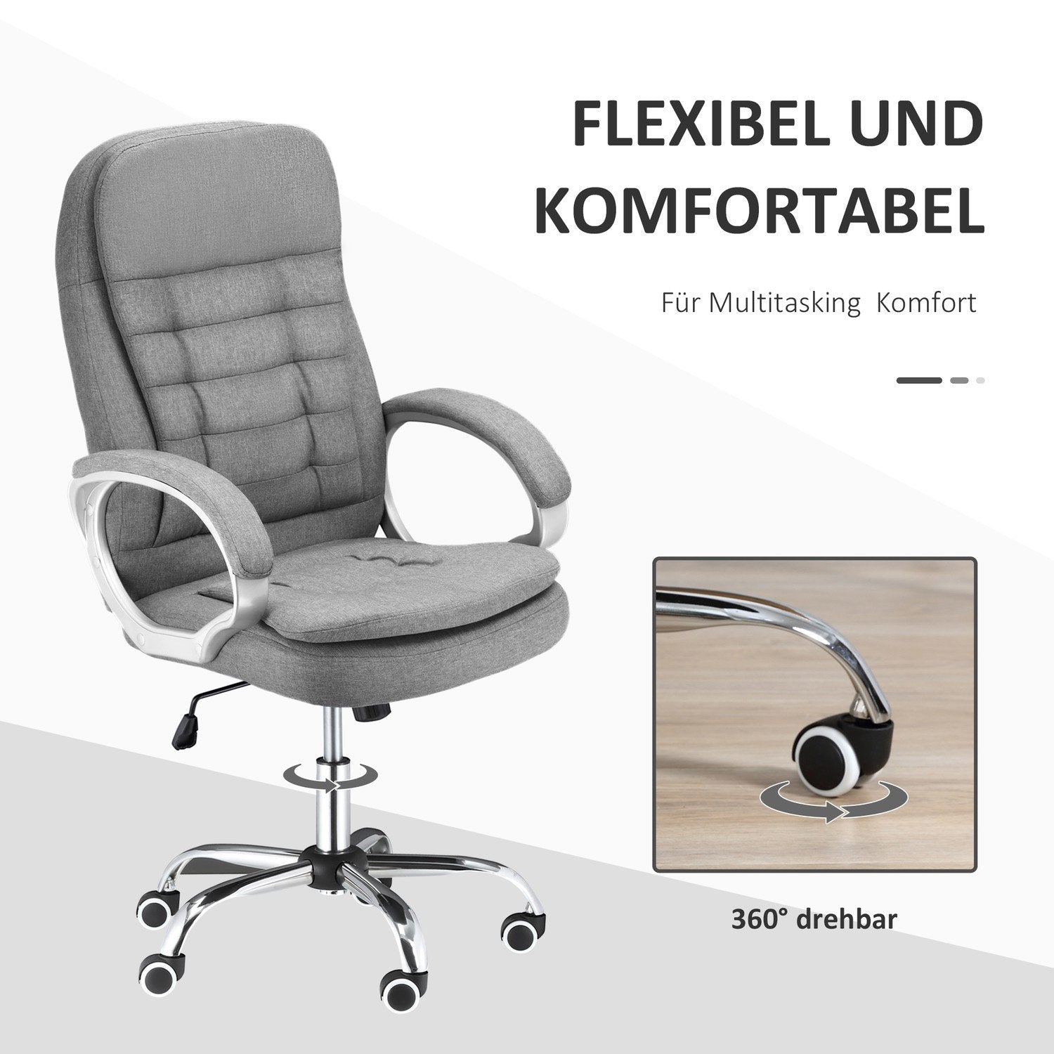 Kontorstol Arbeidsstol med 360° rotasjon, Ergonomisk, Tilt-funksjon, Heves og Senkbar, Grå Lin, 64X75X111-121 Cm