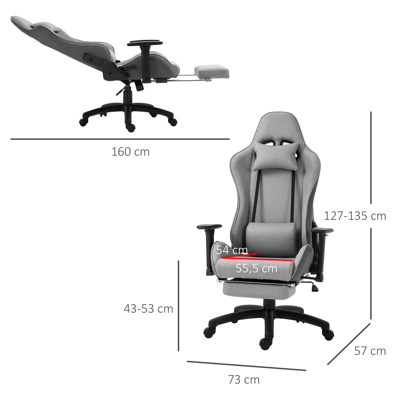 Kontorstol Datastol Svingstol Ergonomisk med avtakbart hode og korsryggpute Vippefunksjon Grå 73X57X127-135 Cm