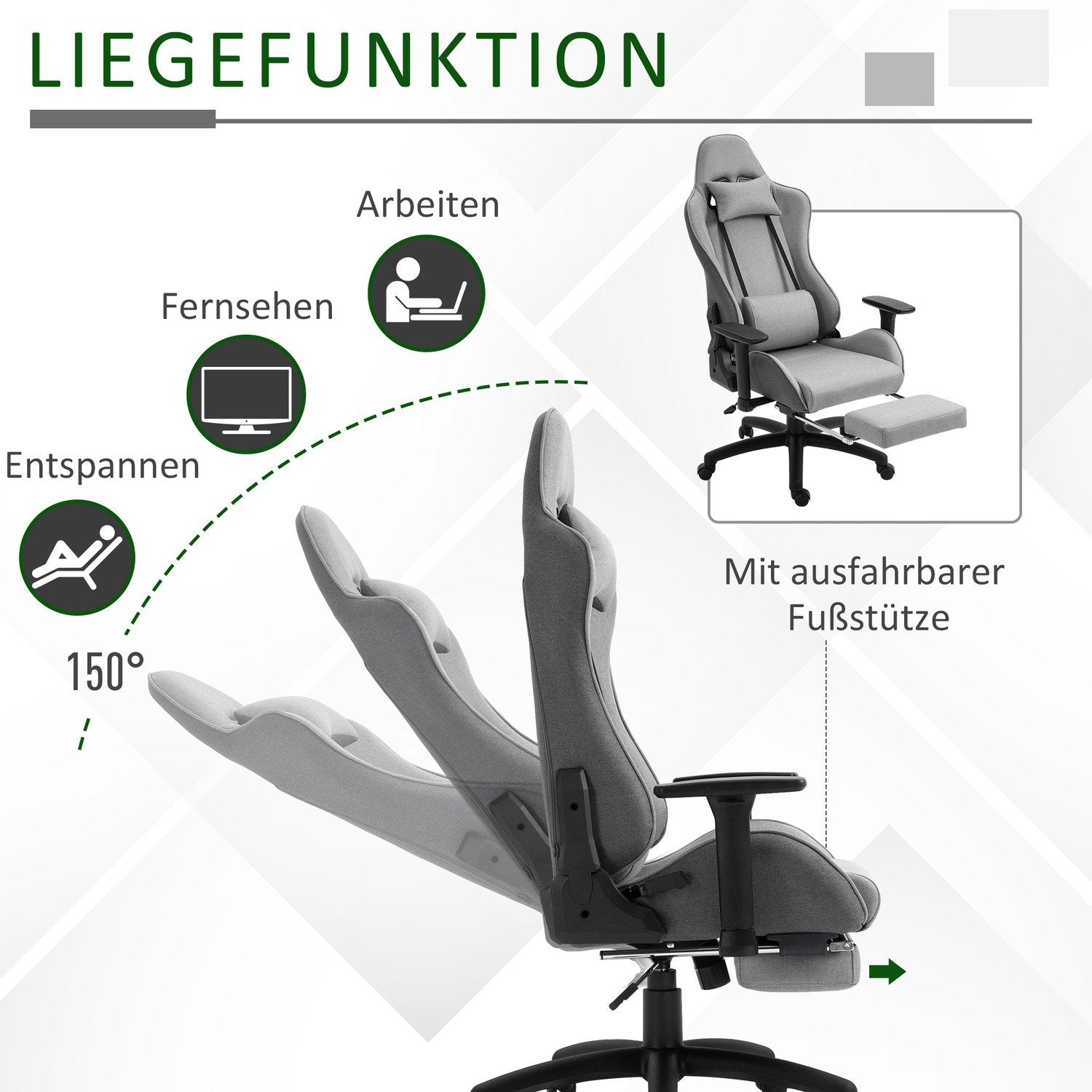 Kontorstol Datastol Svingstol Ergonomisk med avtakbart hode og korsryggpute Vippefunksjon Grå 73X57X127-135 Cm