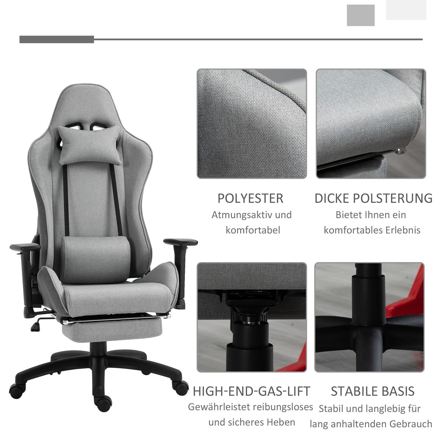 Kontorstol Datastol Svingstol Ergonomisk med avtakbart hode og korsryggpute Vippefunksjon Grå 73X57X127-135 Cm