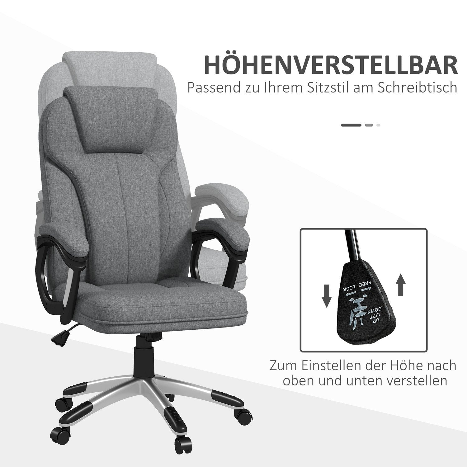 Kontorstol Ergonomisk datamaskinstol med vippefunksjon, høydejusterbar, nakkestøtte, armlen, grå, linlook, 66X75X110-120Cm