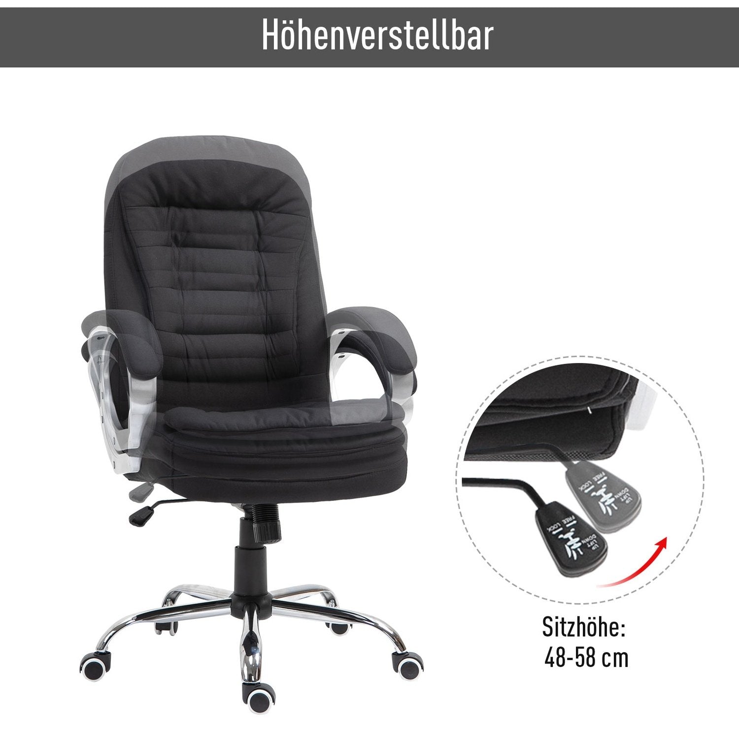 Kontorstol Skrivebordsstol med 360° rotasjon, ergonomisk, vippefunksjon, høydejusterbar, svart lin, 64X75X111-121 cm